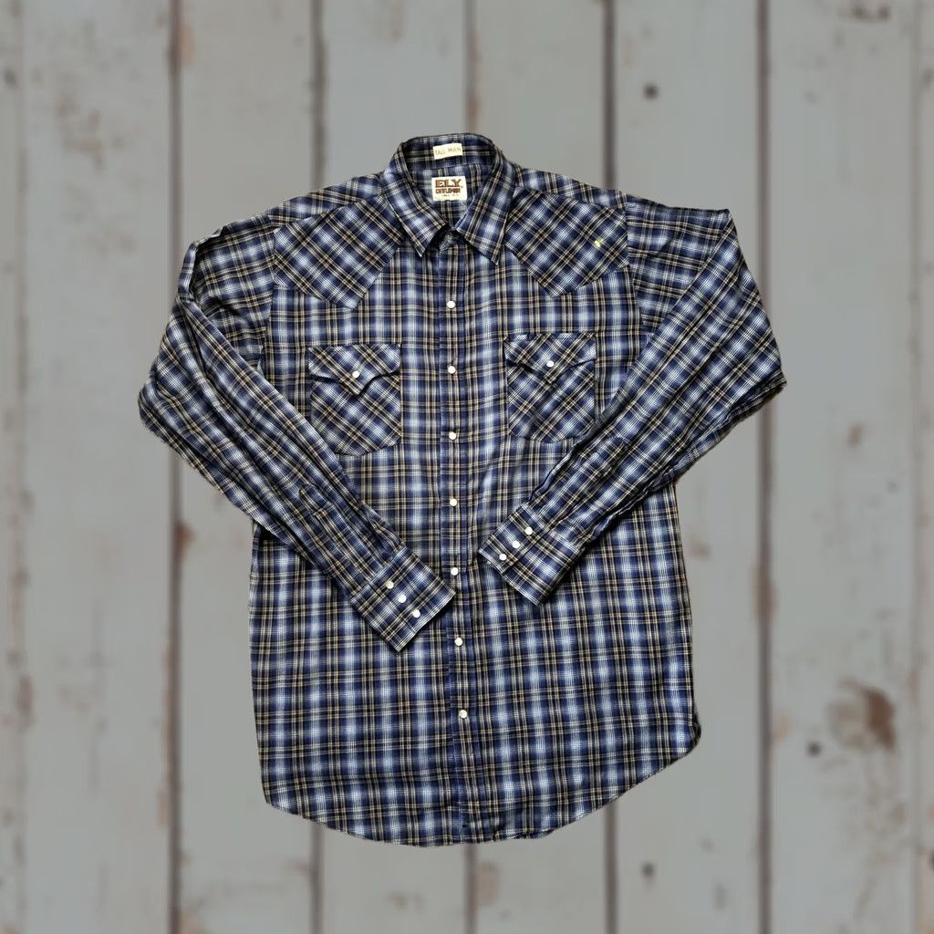 Vintage ELY Cattleman Shirt Mens LT Tall Blue Plaid Western Pearl Snap Cowboy Shirt Size US L / EU 52-54 / 3 - 1 Thumbnail