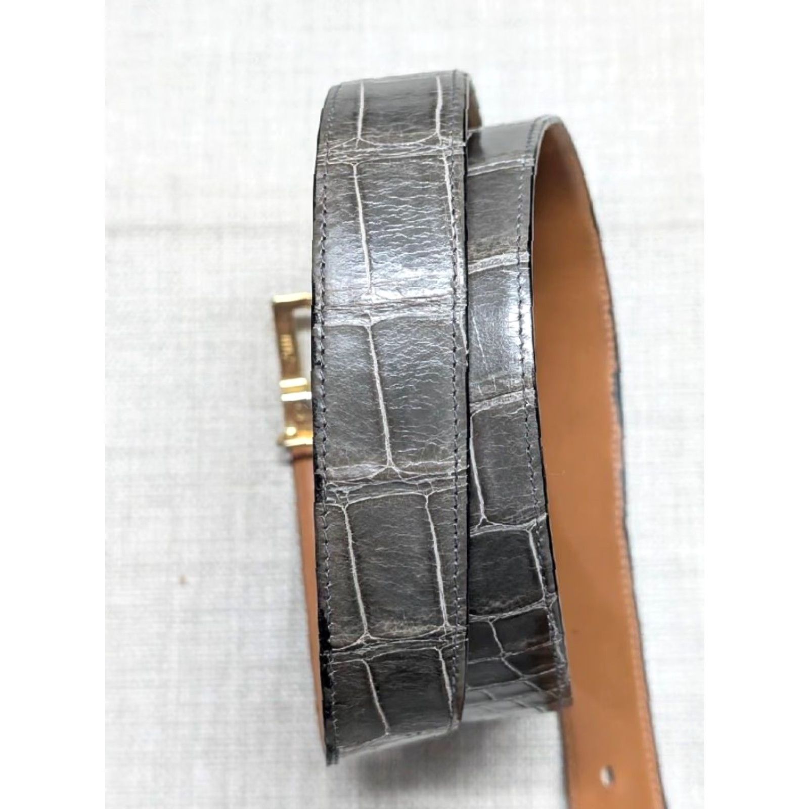 Vintage ZILLI belt CROCODILE golden buckle 42 made in FRANCE gray-brown-green Dress Belt Men 41/42 1-1/8" width Size 42 - 3 Thumbnail