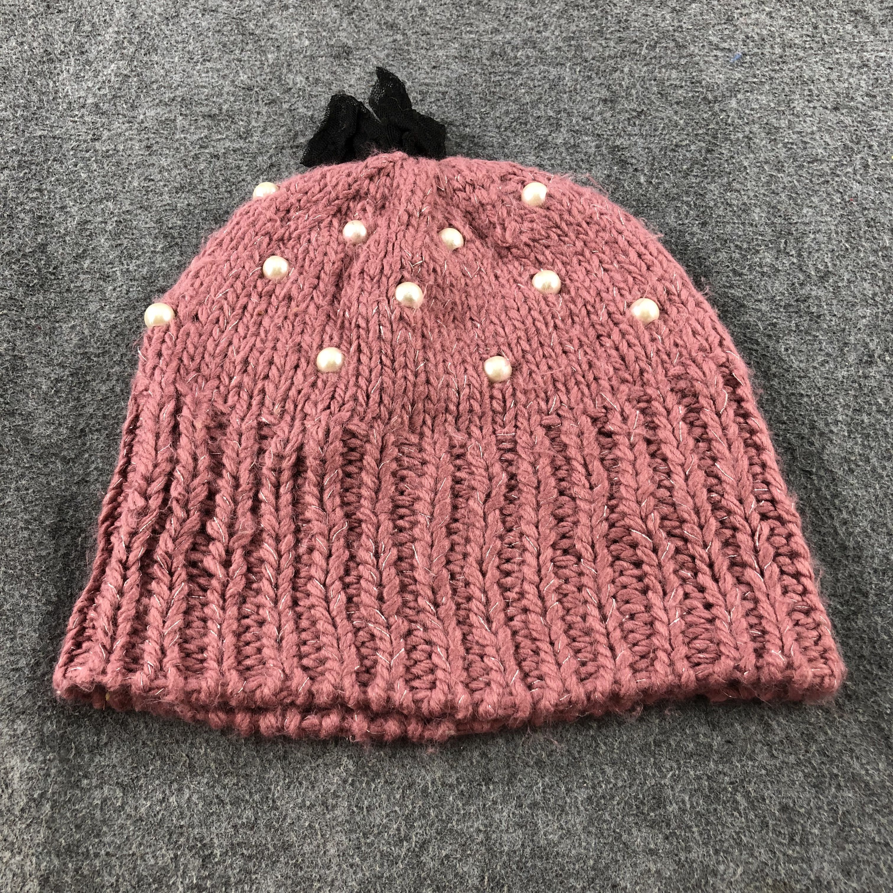 Japanese Brand Pink Knit Beads Crochet Beanie Snowcap Snow Hat B422 Size ONE SIZE - 3 Thumbnail