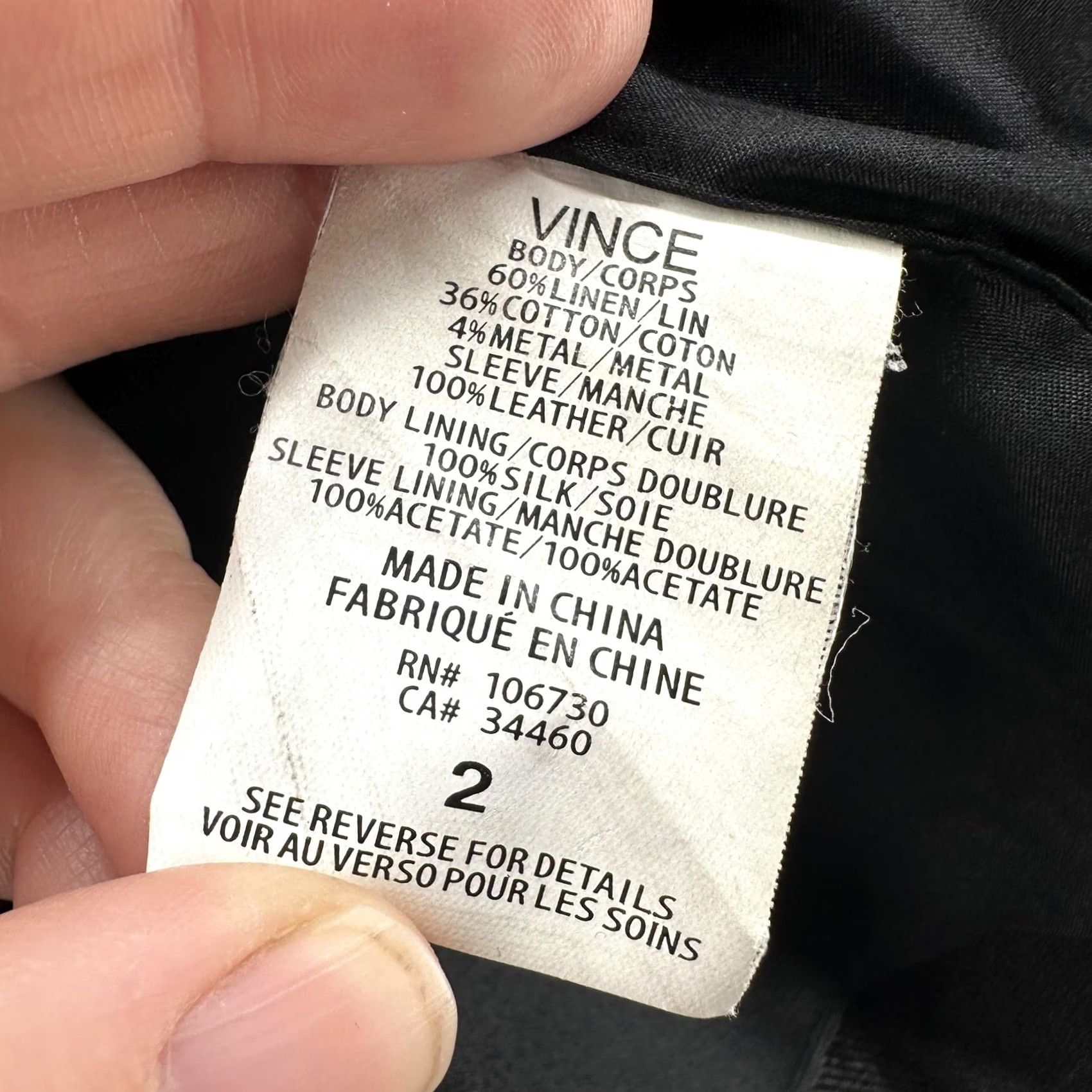 Vince Vince Womens 2 Biker Jacket Black Linen Leather Sleeves Asymmetrical Zip Front Short Length Size XS / US 0-2 / IT 36-38 - 4 Thumbnail