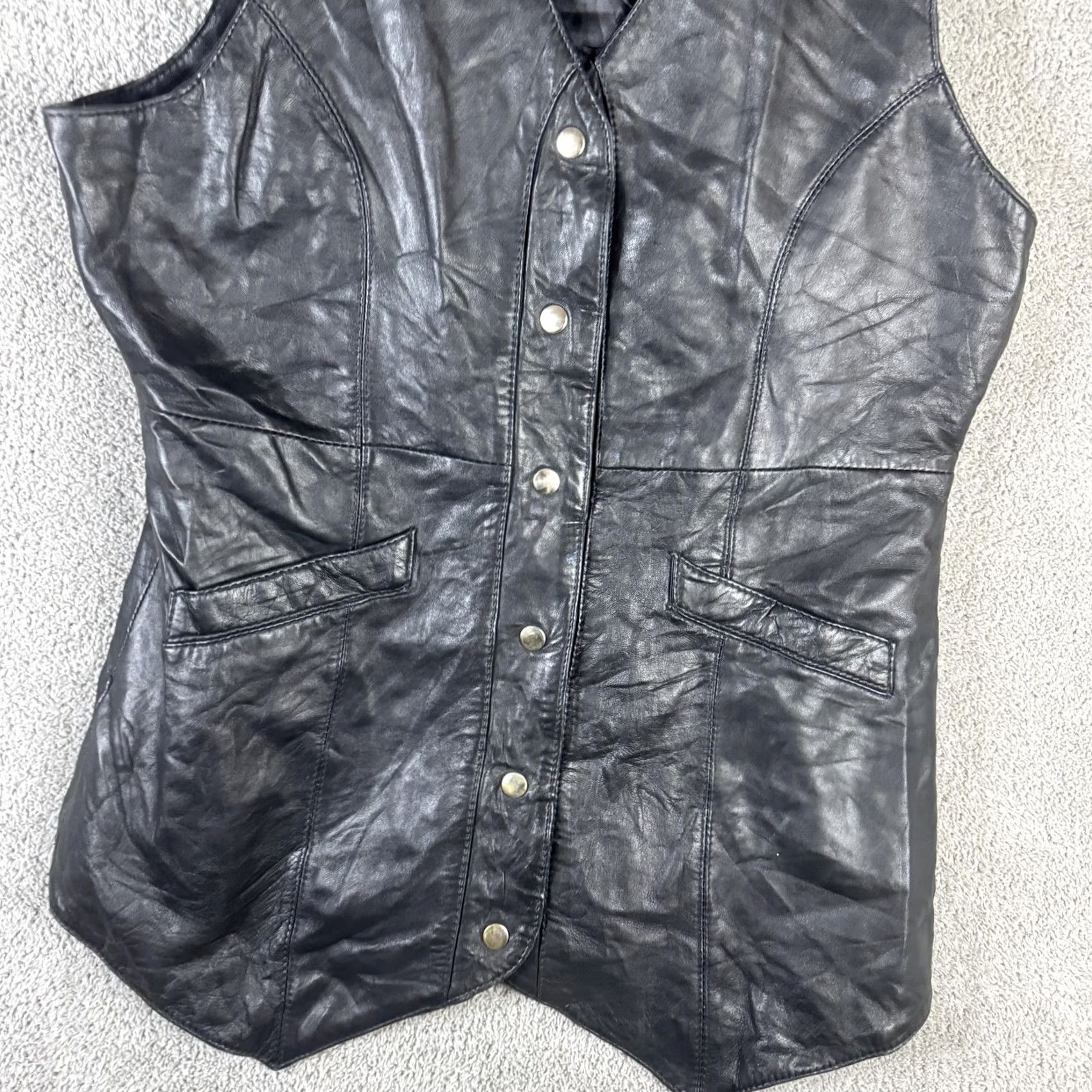 Vintage Excelled Vest Womens Medium Black Leather Snap Front Pockets Biker Moto Size M / US 6-8 / IT 42-44 - 2 Thumbnail