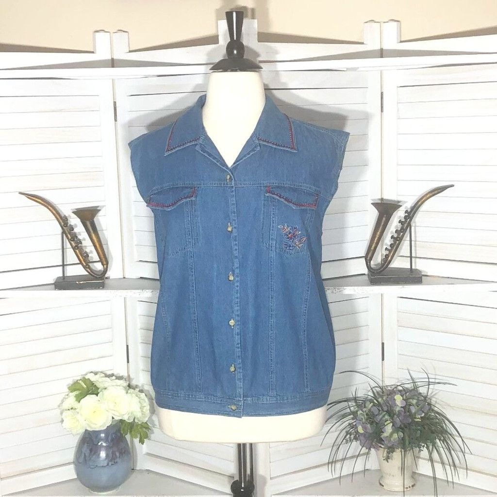 Vintage 90s Y2K jeans vest embroidered blue floral cottagecore 2X Size XL / US 12-14 / IT 48-50 - 1 Thumbnail