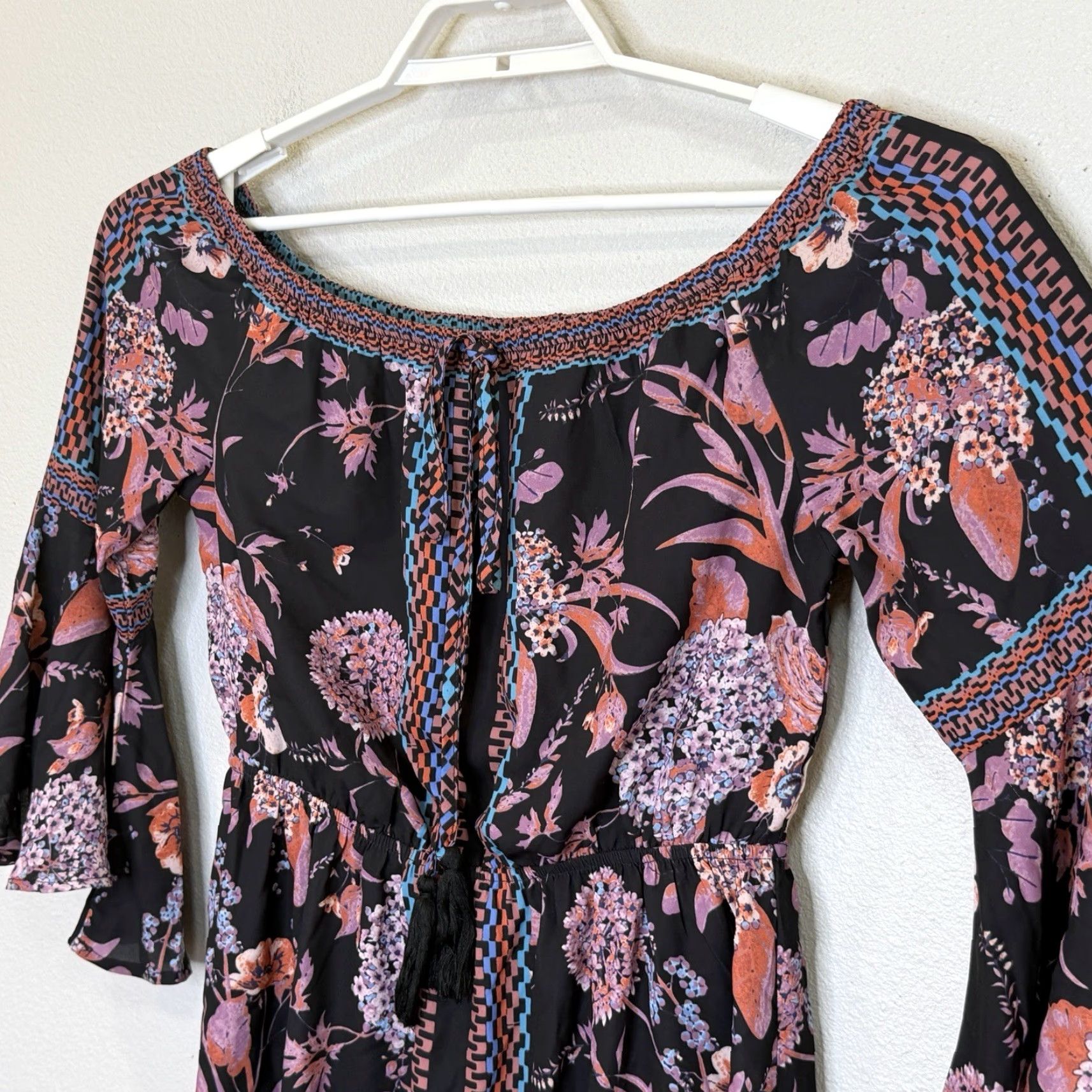 Bell Jealous Tomato Mini Dress Black Floral Print 3/4 Bell Sleeve Boho Off Shoulder/Shoulder Elastic Waist Size M Womens Size M / US 6-8 / IT 42-44 - 2 Thumbnail