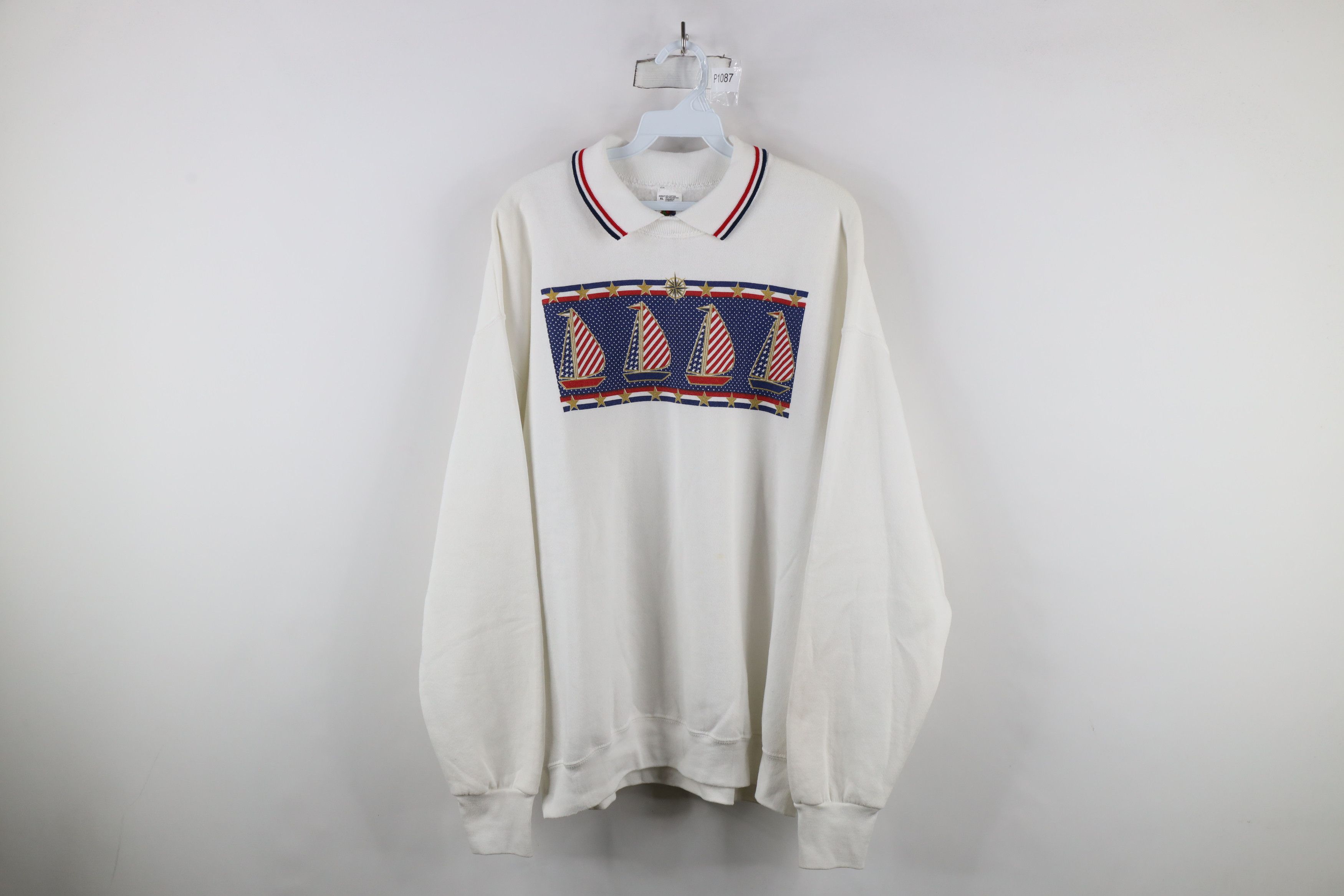 Vintage Vintage 90s Streetwear Sailboat Collared Sweatshirt USA Size XL / US 12-14 / IT 48-50 - 1 Thumbnail
