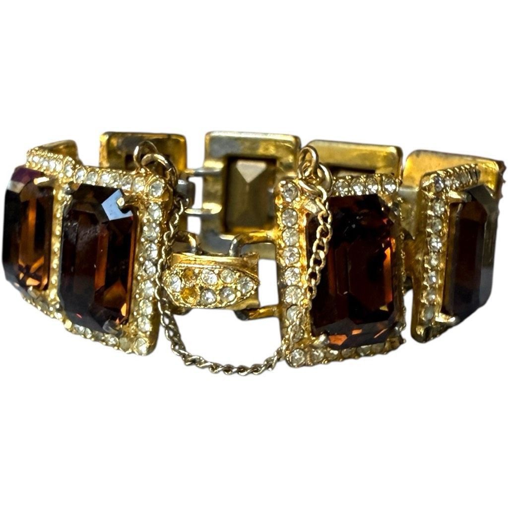 Vintage BELLINI Vintage Signed Gold Tone Rhinestone Emerald Cut Brow Size ONE SIZE - 5 Thumbnail