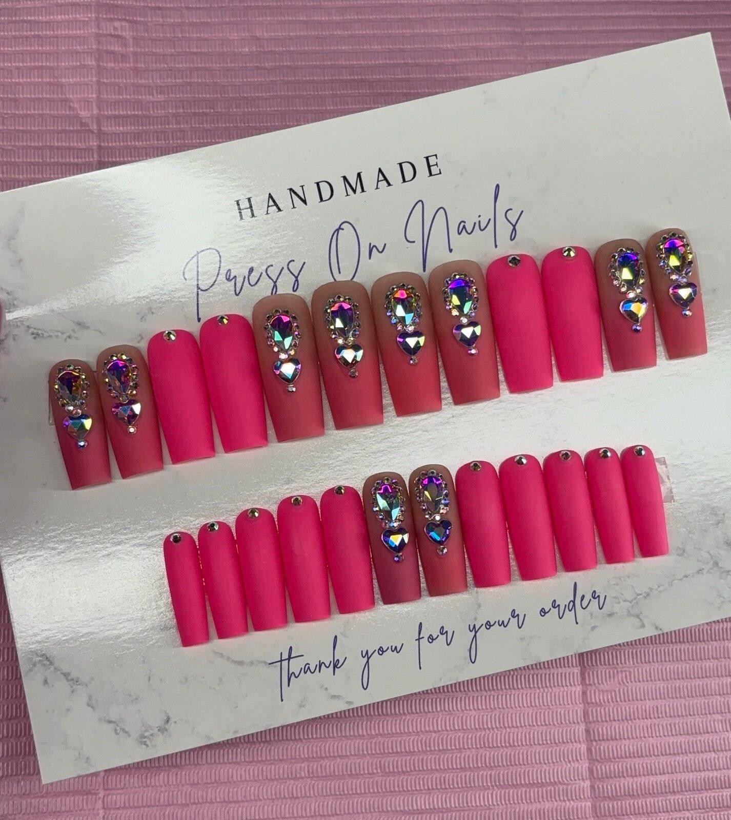 Handmade Long square Press on nails pink ombré rhinestones matte nude Size ONE SIZE - 5 Thumbnail