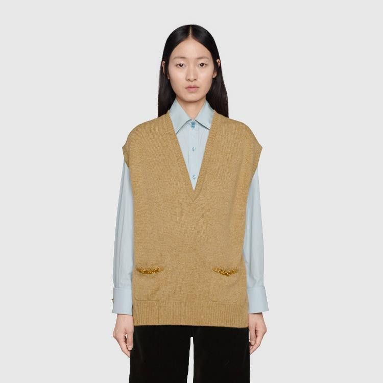 Gucci o1la5ras0526 Cashmere Vest With Chain Detail in Camel Size L / US 10 / IT 46 - 3 Thumbnail