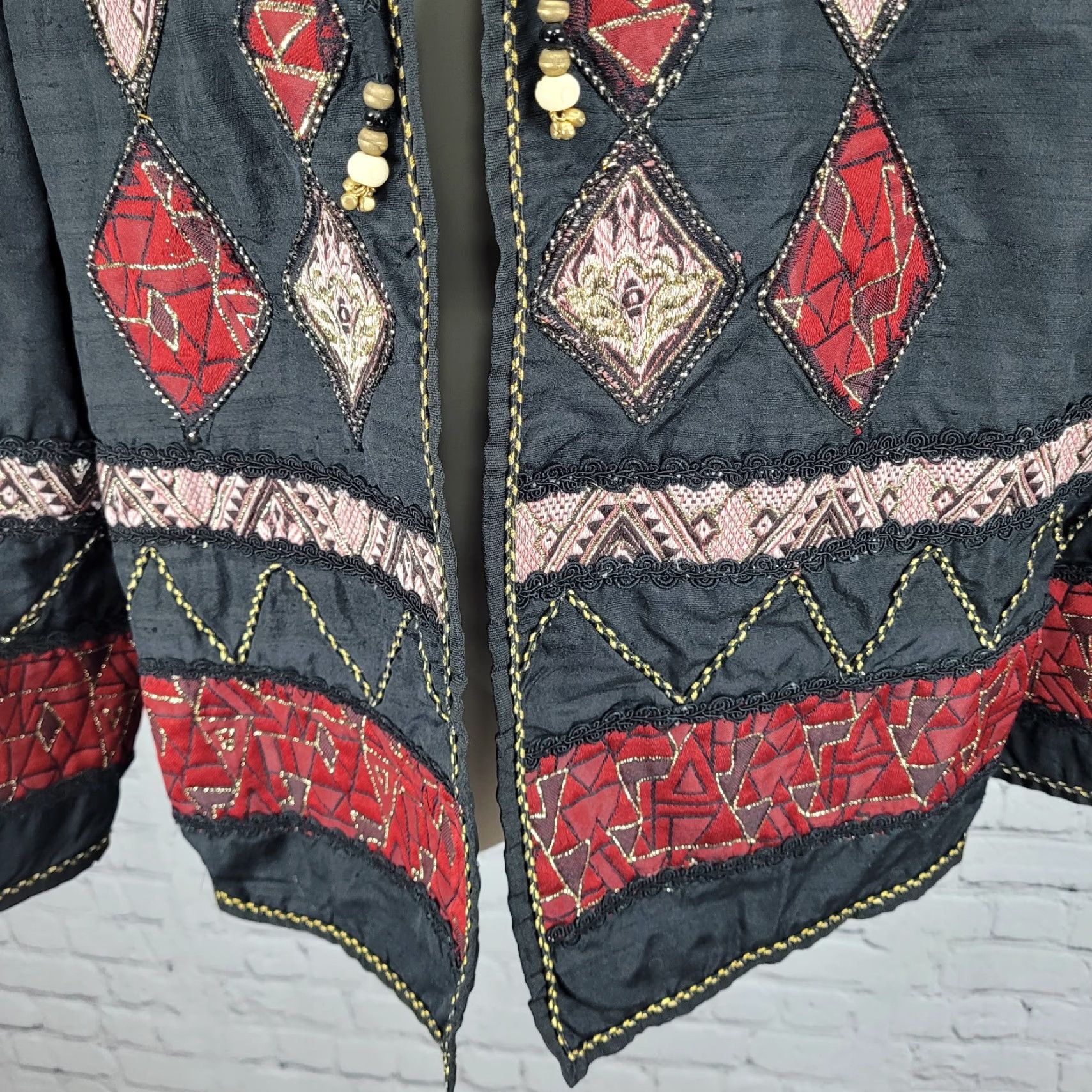 Vintage VTG Allure Black 100% Silk Tassel Embroidered Gold Lightweight Lined Jacket L Size L / US 10 / IT 46 - 6 Thumbnail