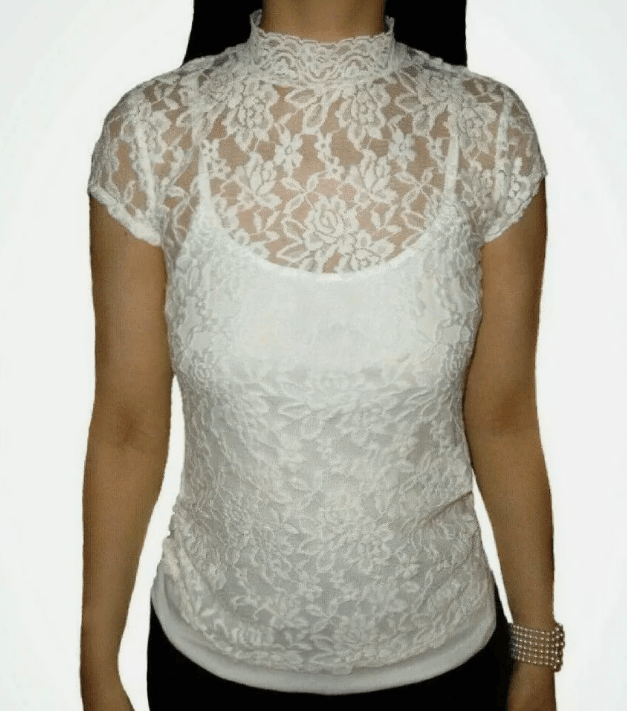 Vintage White Top Size S Women Floral Lace Sheer Mock Neck Size S / US 4 / IT 40 - 3 Thumbnail