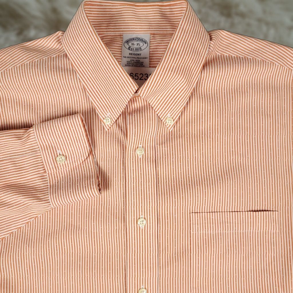 Brooks Brothers Brooks Brothers Shirt Mens 16 Orange Striped Regent Dress Button Up Long Sleeve Shirt Size 42R - 1 Thumbnail