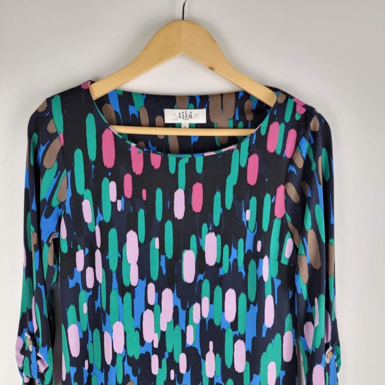 Tibi Tibi Abstract Printed Mini Dress Roll Tab Sleeves Crew Neck Size S / US 4 / IT 40 - 3 Thumbnail