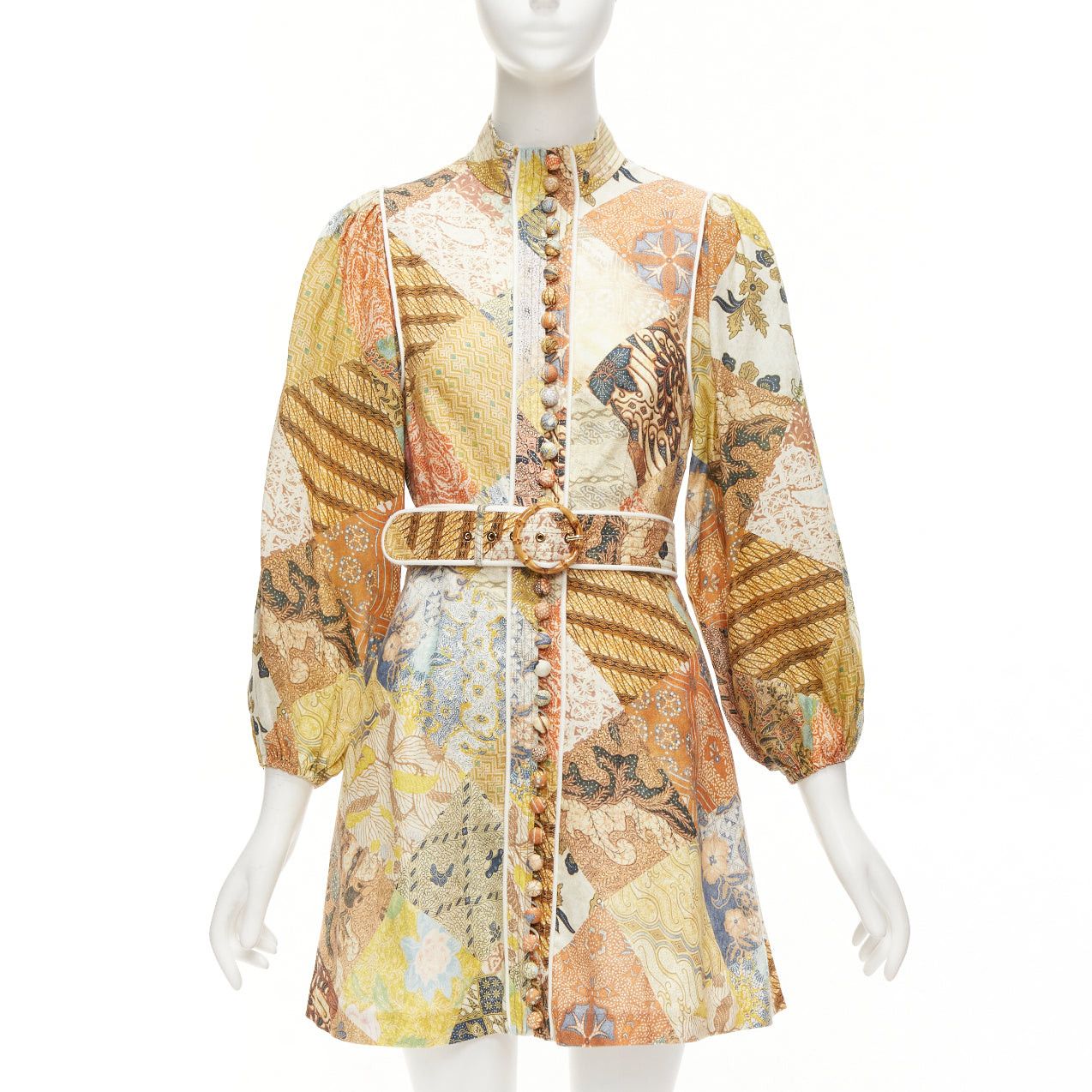 Zimmermann ZIMMERMANN Brightside brown linen patchwork ethnic print belted dress US1 S Size S / US 4 / IT 40 - 1 Thumbnail