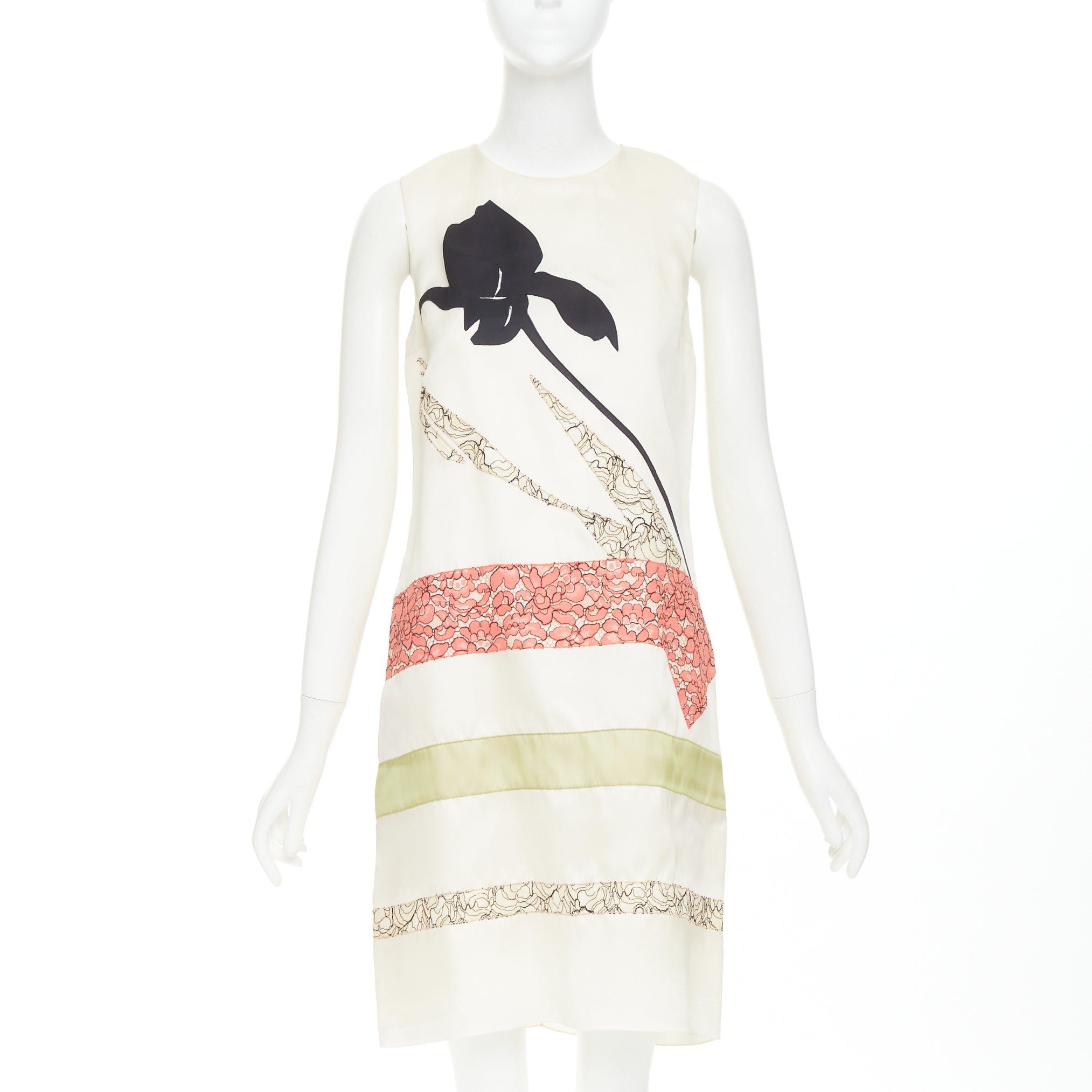 Dior DIOR Raf Simons 2014 Runway 100% silk ivory black floral patch applique shift dress FR36 S Size S / US 4 / IT 40 - 1 Thumbnail