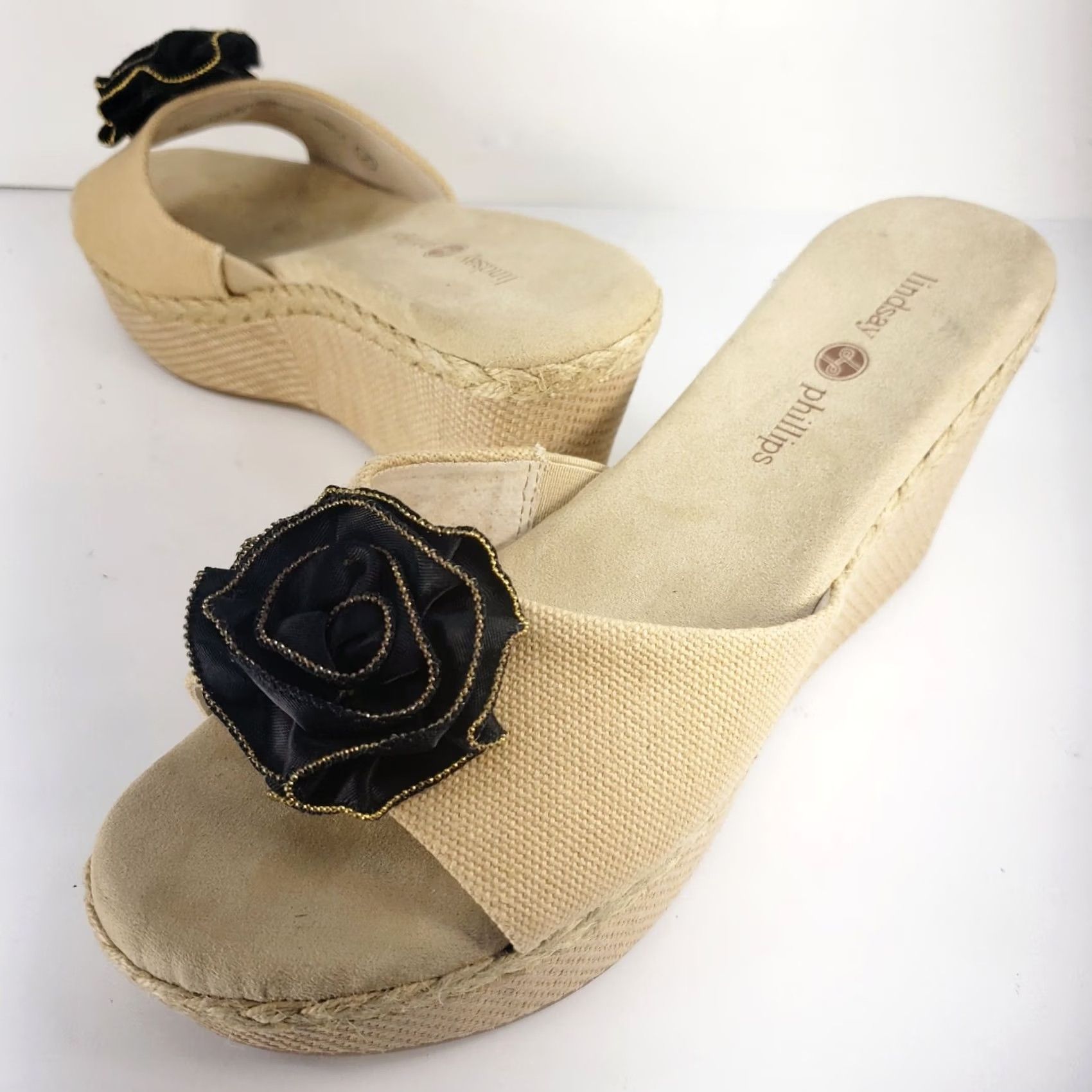 Vintage Lindsay Phillips Wedge Heel Sandals Interchangeable Flower Snaps Womens Sandal 7 Beige Floral Rhinestone Slip On Size US 7 / IT 37 - 2 Thumbnail