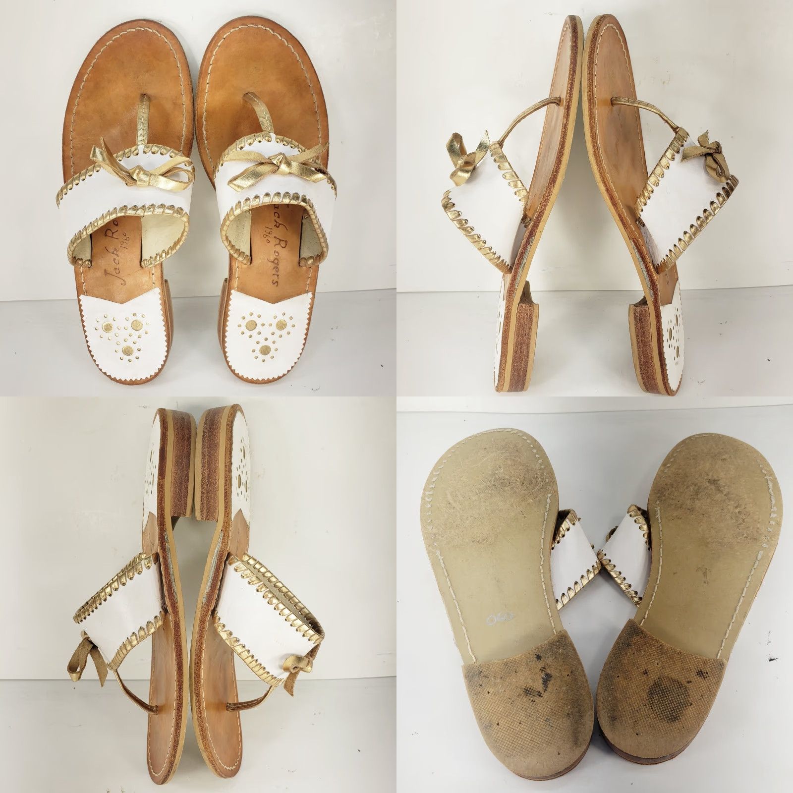 Jack Rogers VINTAGE Jack Rogers Adeline White Sandal Leather Bow Gold Metallic Trim Slip On 8.5-9 Womens Leather Flat 95s Cottage Metal Size US 8 / IT 38 - 8 Thumbnail
