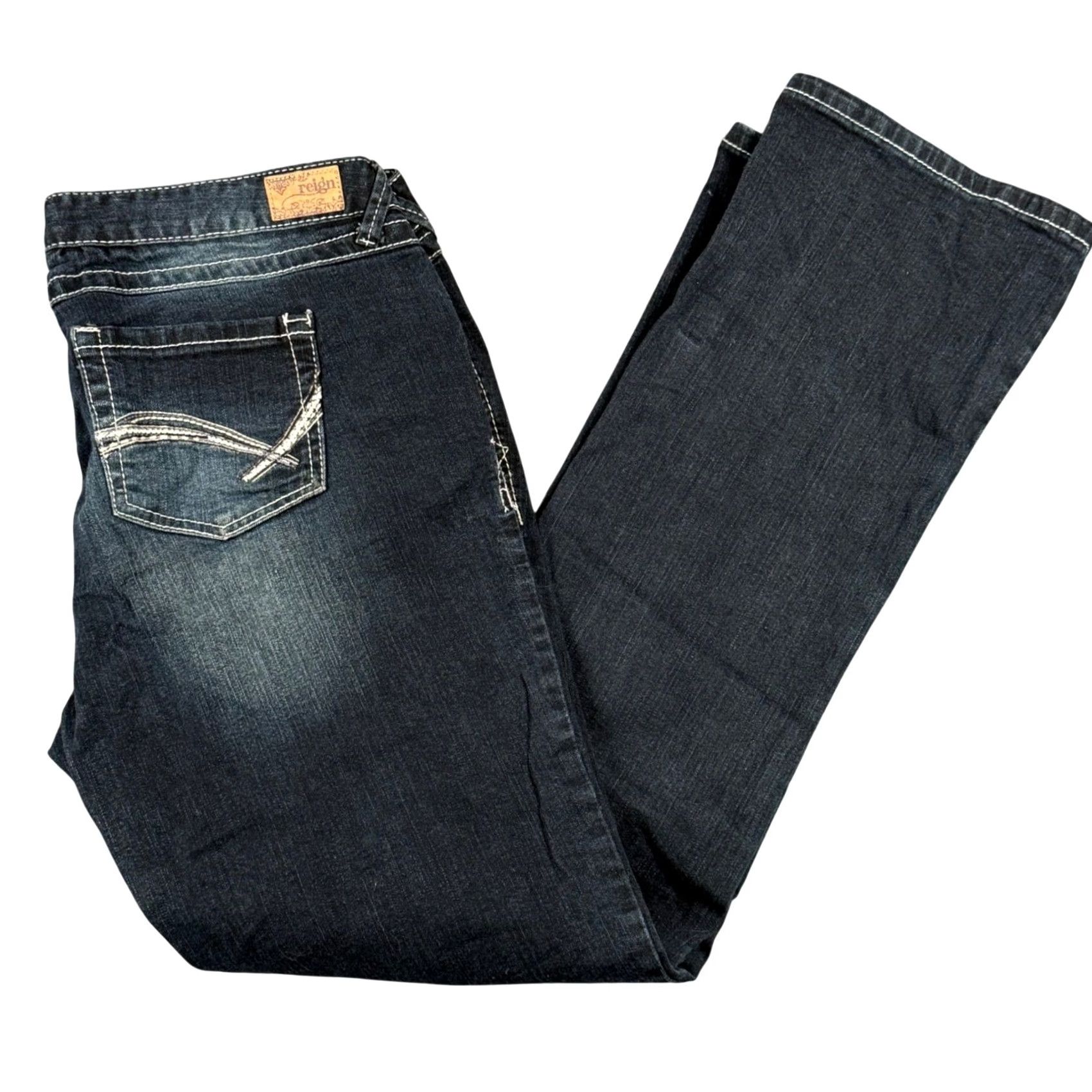 Vintage Reign Jeans Dark Wash Bootcut 13 Embroidered Pockets Stretch Women 34x31 Denim Size 34" / US 12 / IT 48 - 2 Thumbnail
