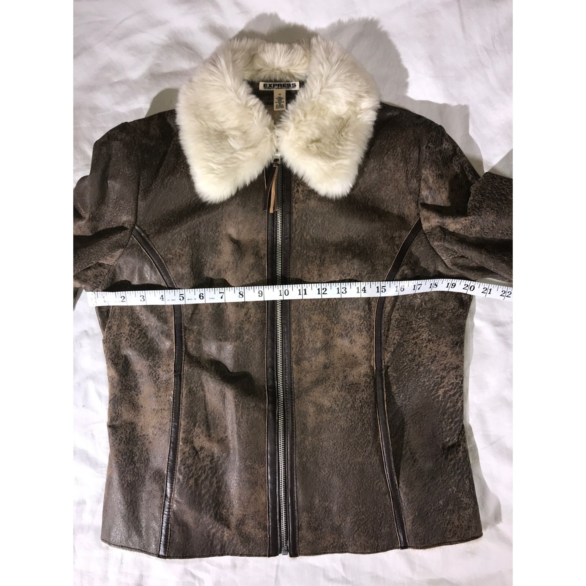 Designer Express Brown Distressed Leather Faux Fur Bomber Jacket Size XL / US 12-14 / IT 48-50 - 7 Thumbnail