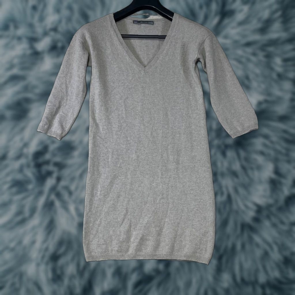 Vintage 360 Cashmere Women’s Sweater Dress S Gray 100% Cashmere 3/4 Sleeve Pullover V-Neck A-Line Midi Dress Women Slimming Knit Fashion Size S / US 4 / IT 40 - 1 Thumbnail