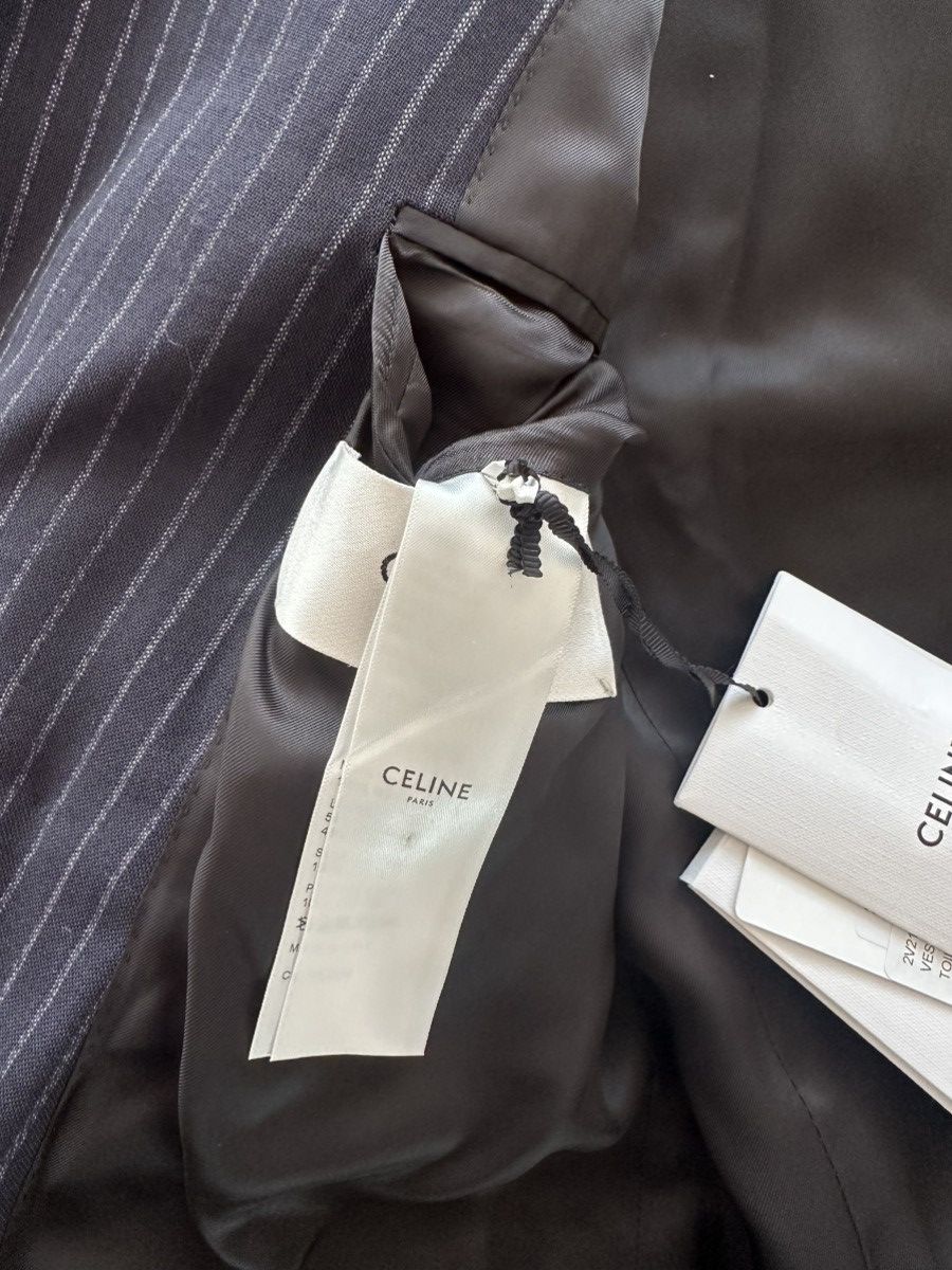 Celine × Hedi Slimane 22SS Double Breasted Navy Chalk Stripe Suit Wool Rectangle Size 44R - 16 Thumbnail