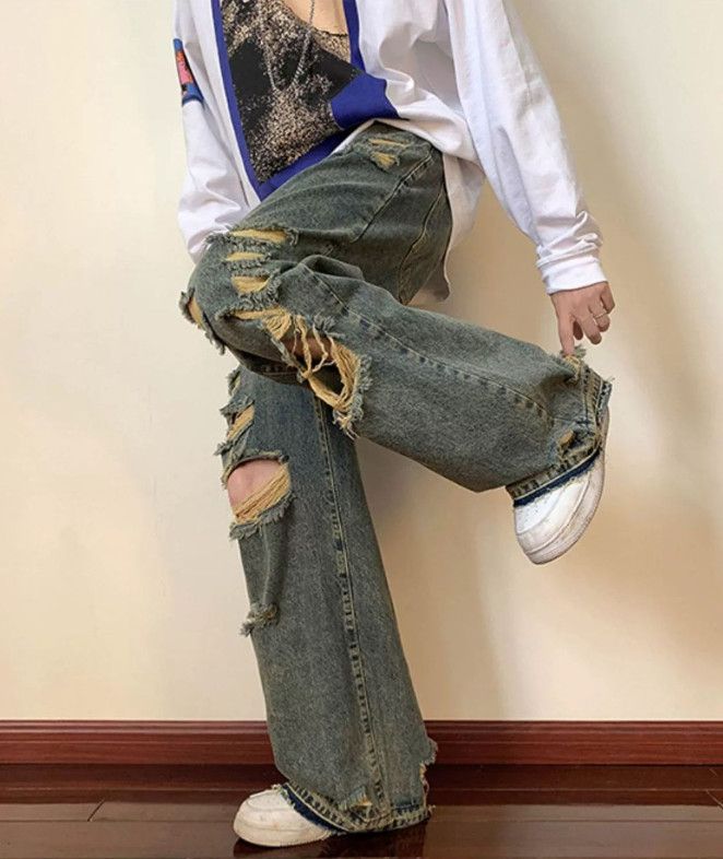 Japanese Brand Tall men's vintage loose straight-leg raw-edge ripped jeans Size US 32 / EU 48 - 4 Thumbnail