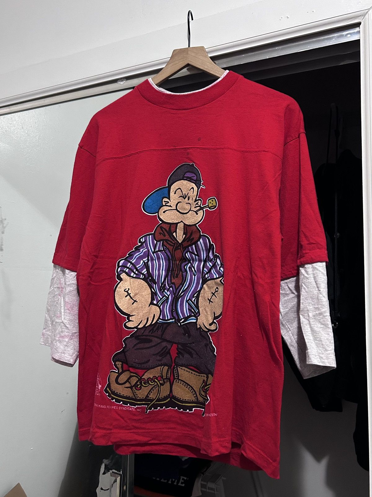 image of Cartoon Network x Movie Vintage Popeye The Sailorman Sweatshirt in Red, Men's (Size Large)
