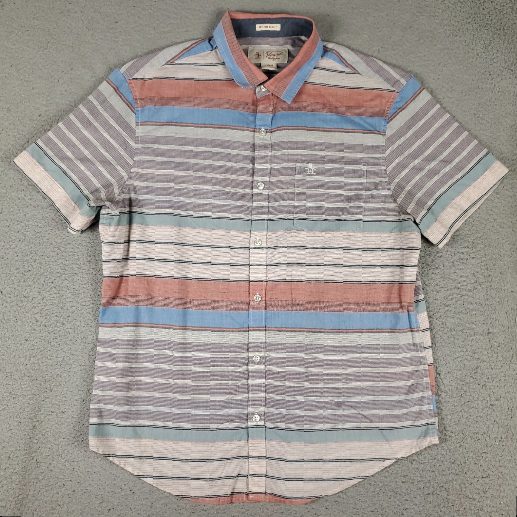 Original Penguin Original Penguin Shirt Mens L Red Striped Button-Up Short Sleeve, Cotton, Casual/Workwear, Modern Preppy, Classic Size US L / EU 52-54 / 3 - 2 Thumbnail