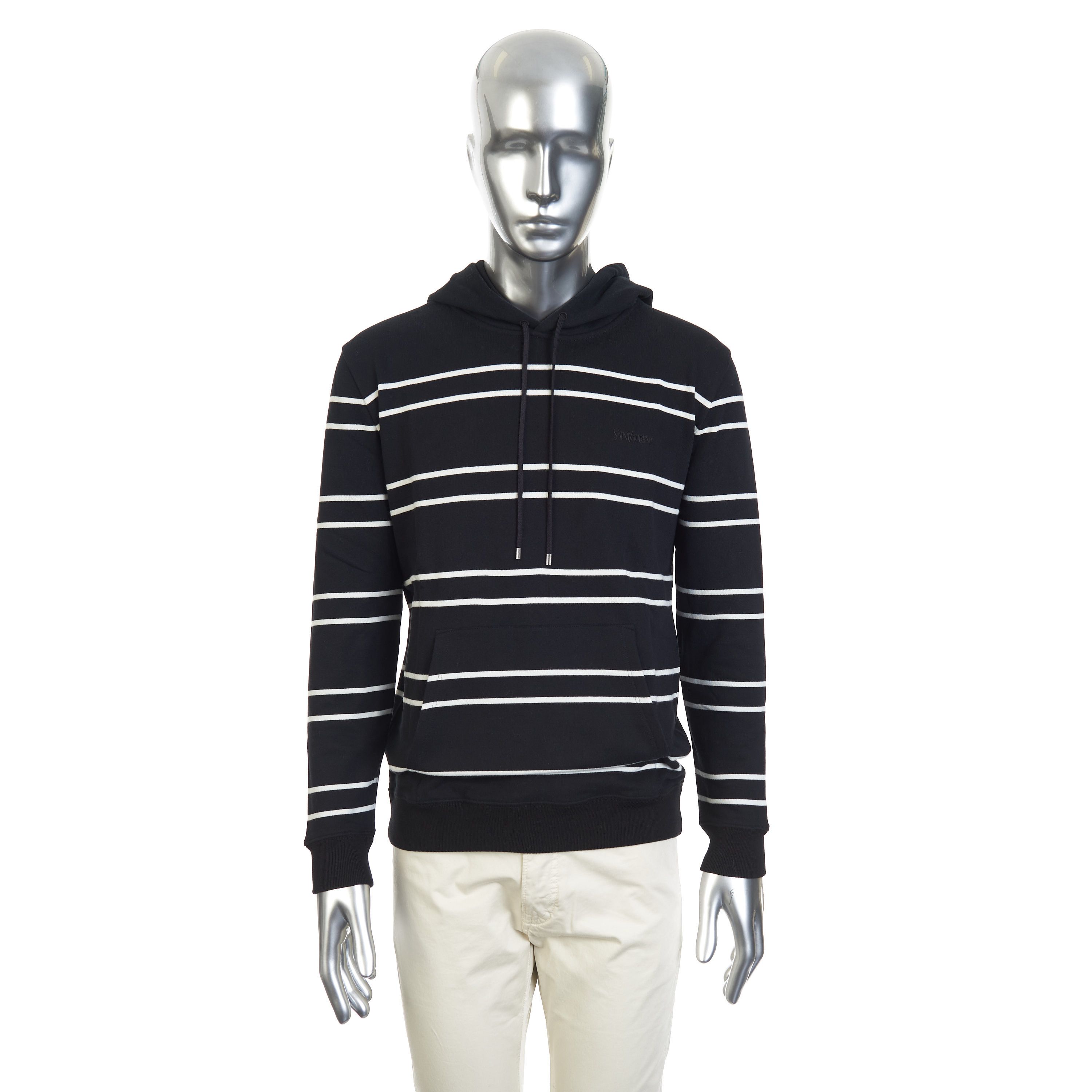 Saint Laurent Paris Hooded Sweatshirt In Striped Black Cotton & Logo Embroidey Size US M / EU 48-50 / 2 - 2 Thumbnail