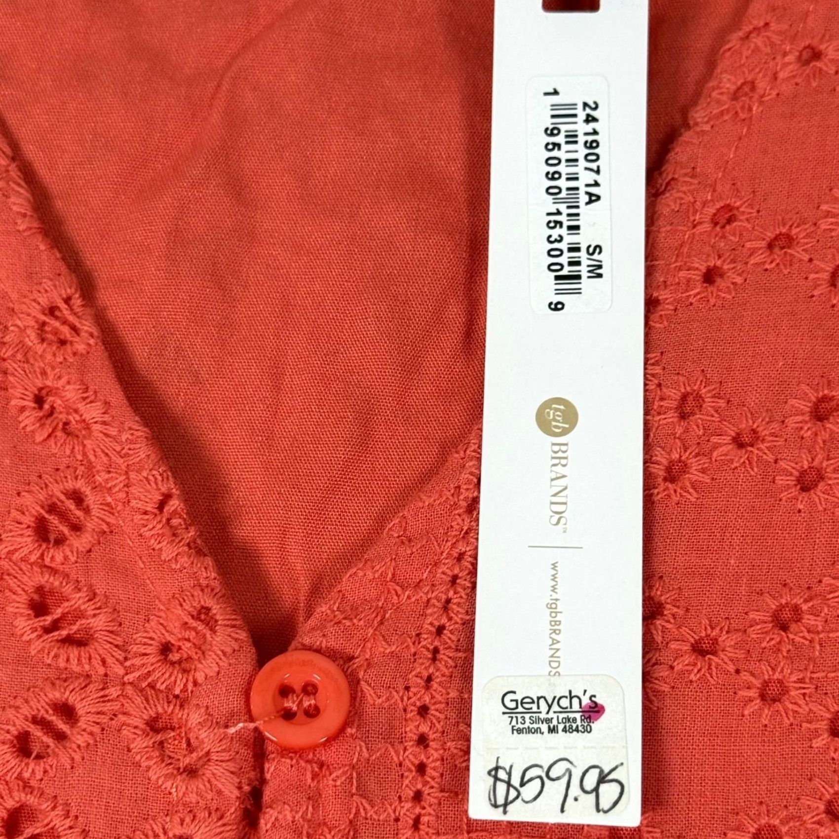 Vintage Coco Carmen Eyelet Tunic V-Neck Button Front Ruffle Flutter Sleeve Coral S/M Women Beach Bohemian Tunic Size S / US 4 / IT 40 - 5 Thumbnail