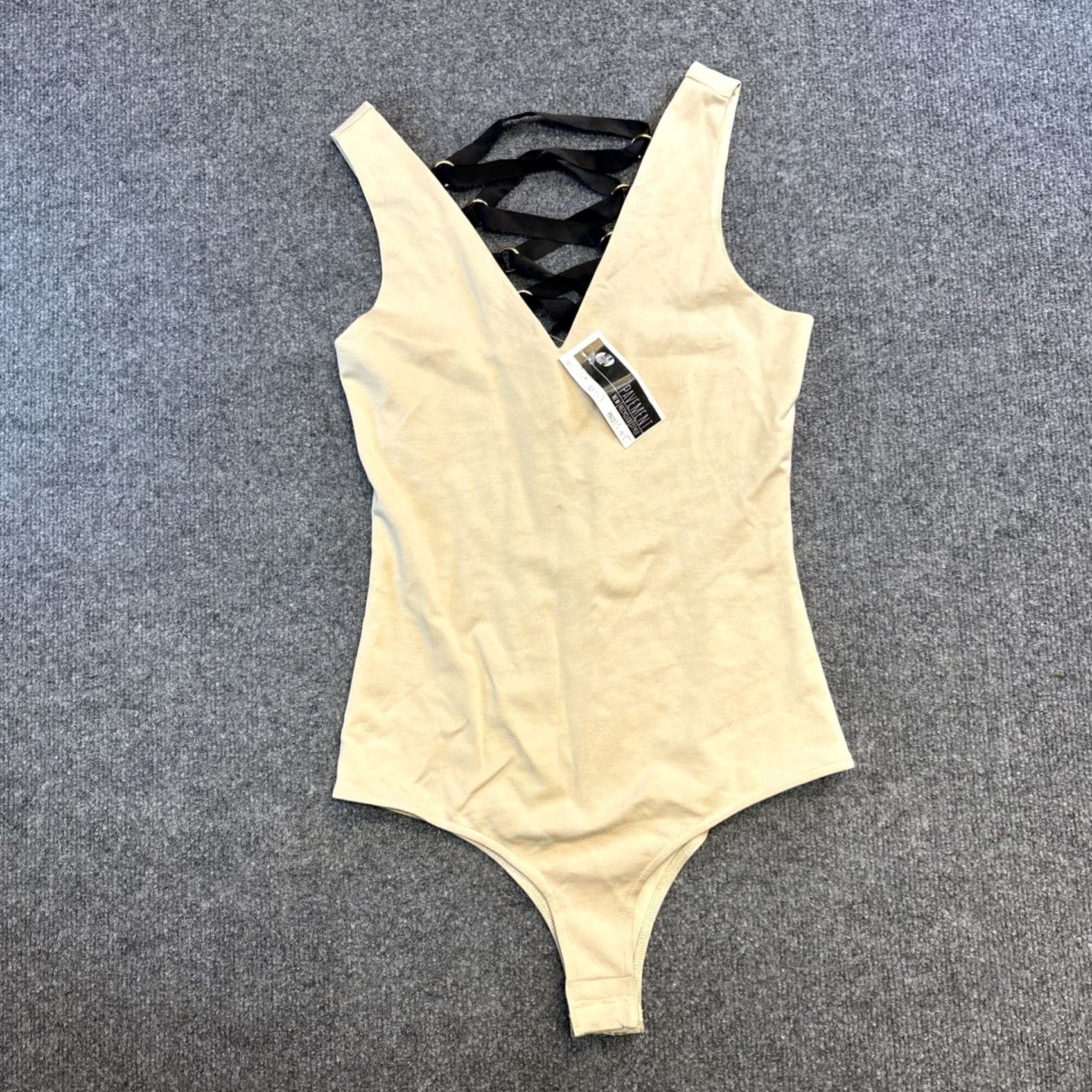 Vintage AUSTRALIA E.ssue Beige Lace Up Black Ribbon V Neck Tank Bodysuit NWT Bardot Camisole Women S Regular Tank Sleeveless XS? Size S / US 4 / IT 40 - 2 Thumbnail