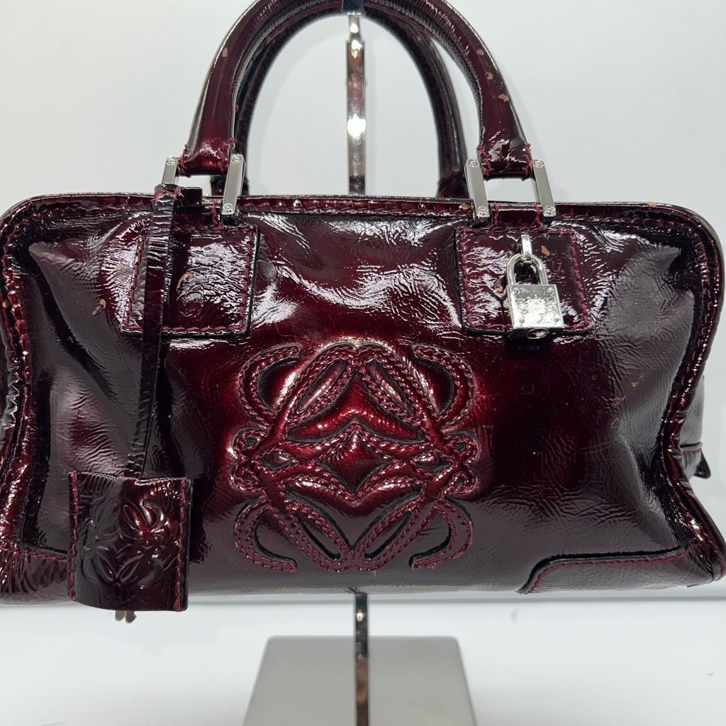 image of Loewe Amazona 28 Burgundy Patent Leather Handbag (Minor Call in Red, Women's