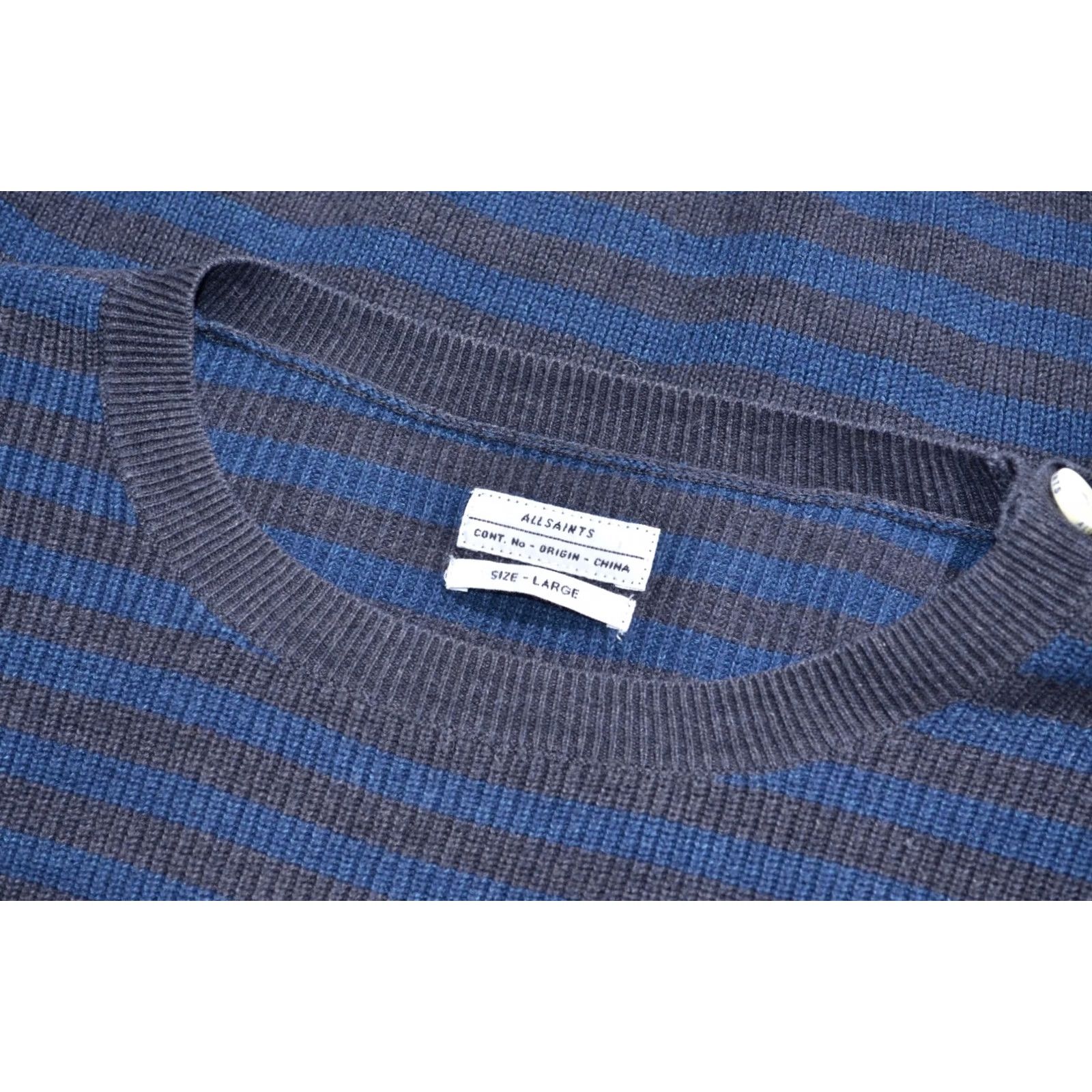 Allsaints AllSaints Sweater Mens Knit Button Striped Cotton Blue Florin Crewneck Sz L Size US L / EU 52-54 / 3 - 7 Thumbnail