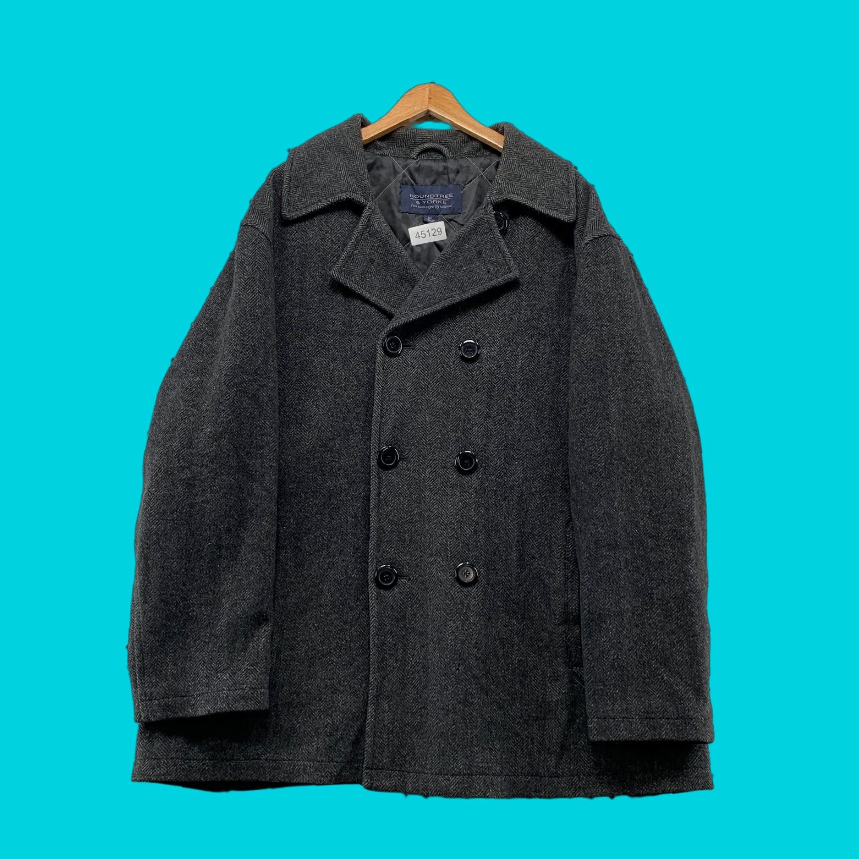 Roundtree & Yorke VINTAGE Roundtree Yorke Wool Tweed Coat Men XL Gray Double Breasted Herringbone Pea Coat Size US XL / EU 56 / 4 - 1 Thumbnail