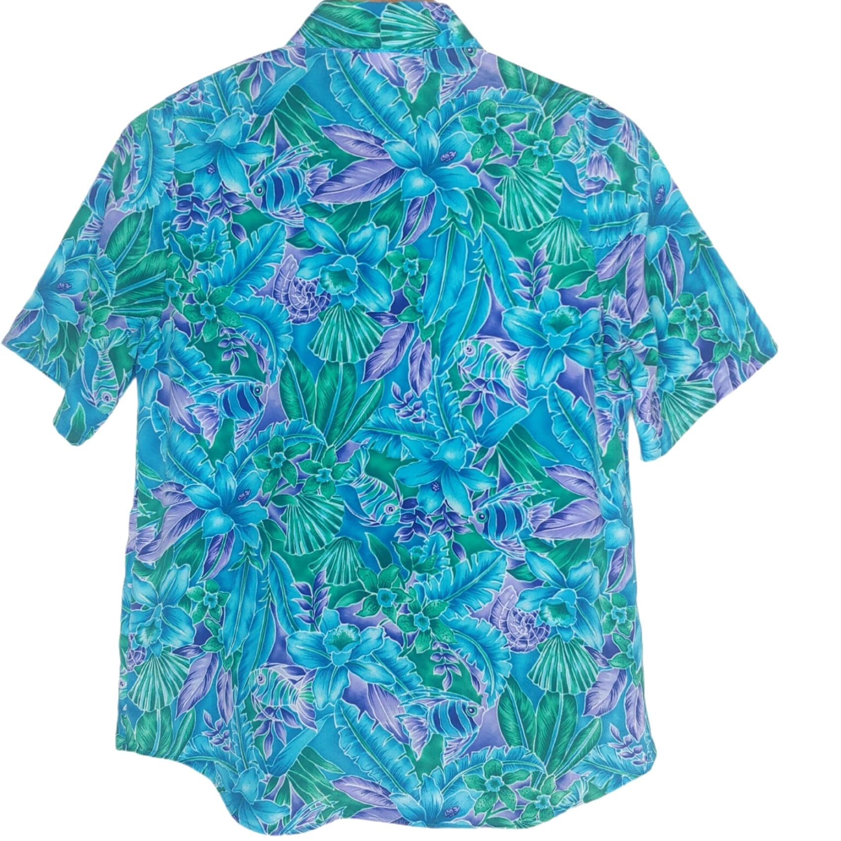 Vintage VINTAGE BonWorth Blouse Womens XS Blouse Short Sleeve Floral Fish Tropical Aloha Blue Purple Green Casual 90s Womens Size XS / US 0-2 / IT 36-38 - 3 Thumbnail