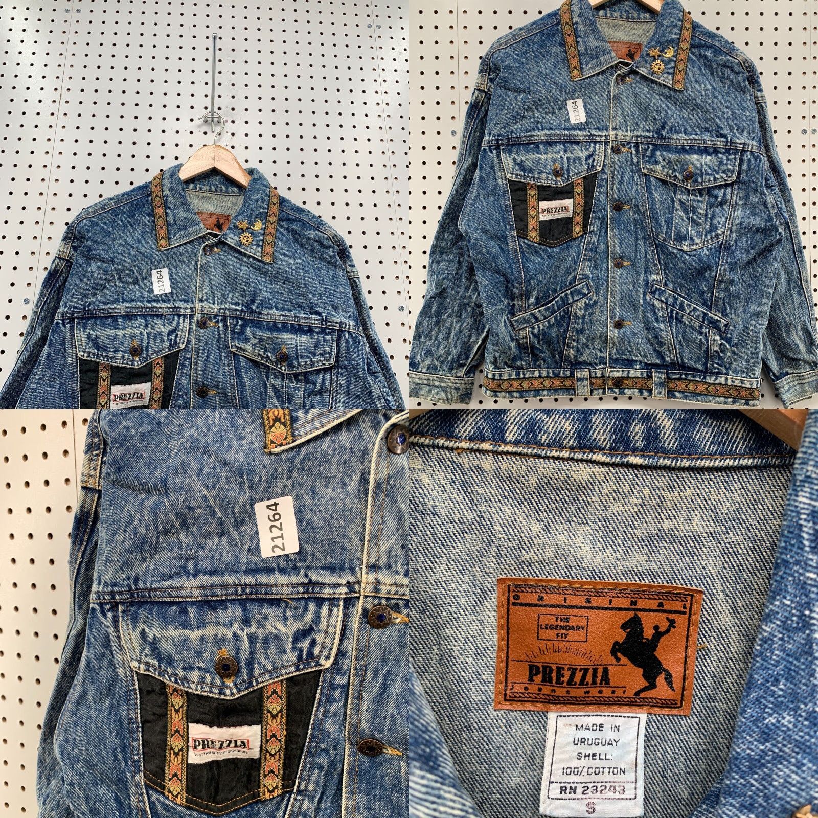 Denime VINTAGE Prezzia Denim Jacket Men Small Blue Cowboy Aztec Western Trucker 21x27 Size US 29 - 8 Thumbnail