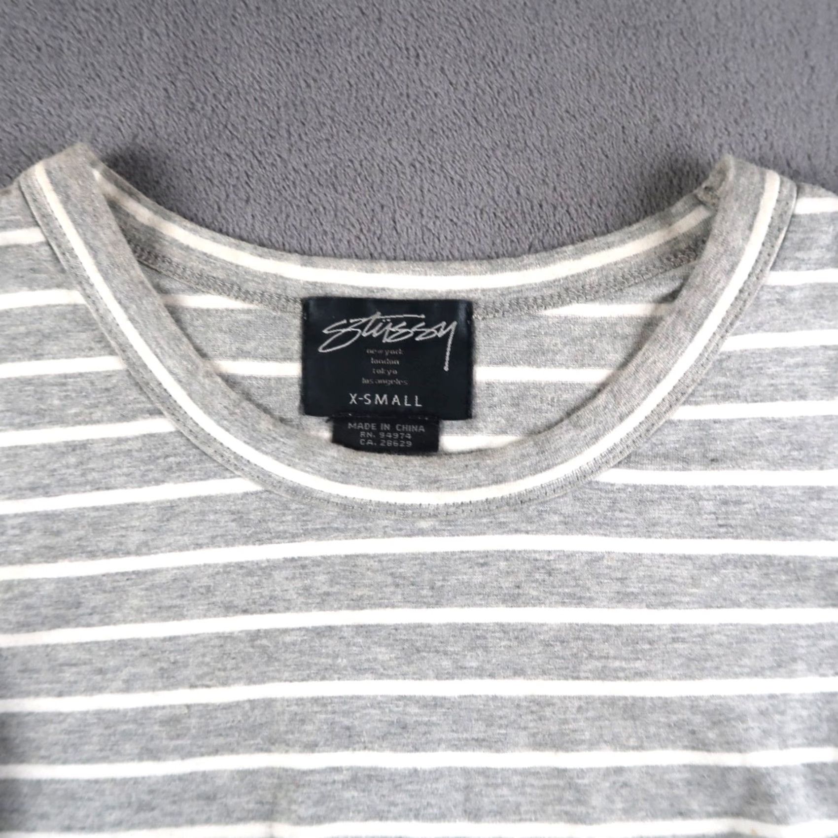Vintage VINTAGE? STUSSY Cropped Long Sleeve T-Shirt Women XS Gray Embroidered Striped Knit Cotton Blend Shirt Ladies/ Womens? Size XS / US 0-2 / IT 36-38 - 3 Thumbnail