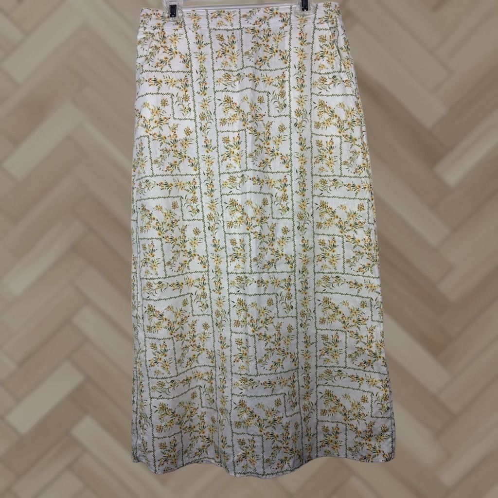 Joie Joie Linen Floral Maxi Skirt XL Large Pockets Yellow Cottagecore Prairie Size 40" / US 18 - 1 Thumbnail