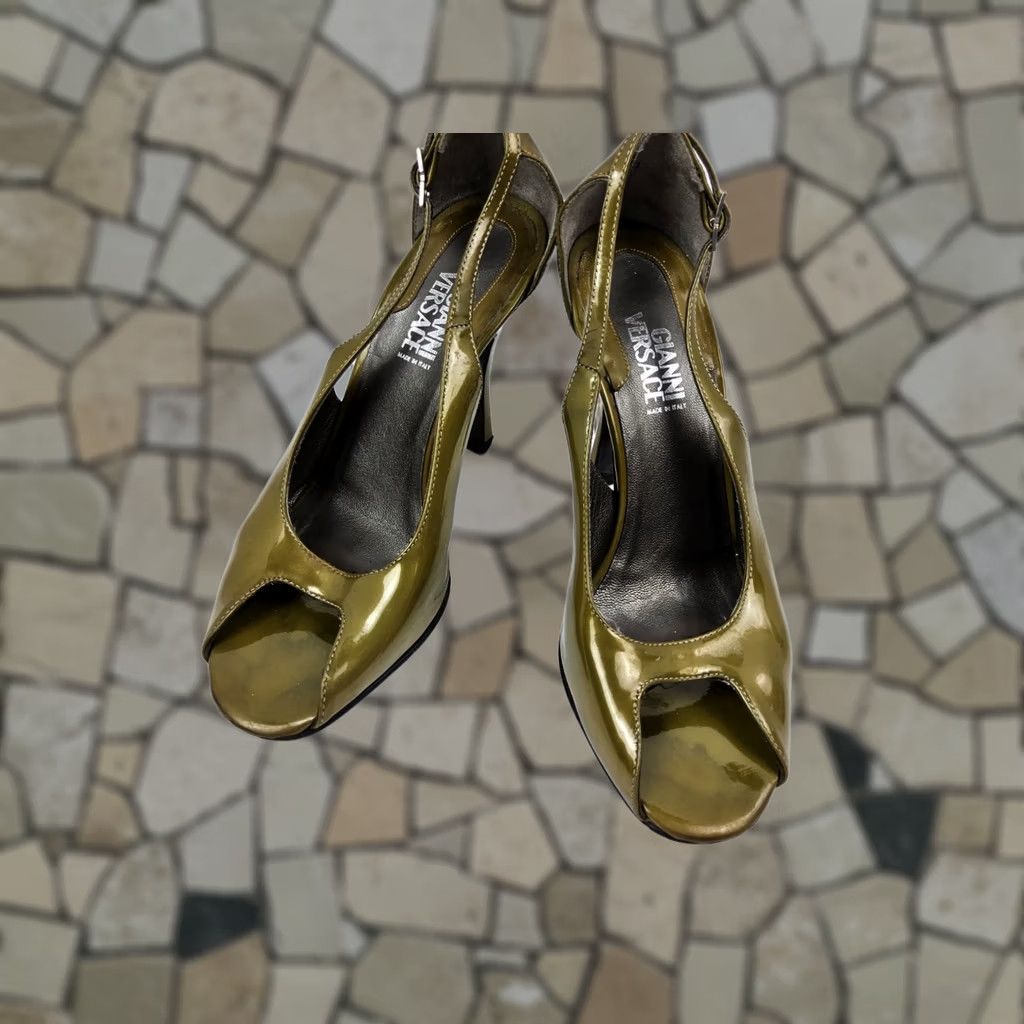 Versace Versace Pump Women Shoe US 5.5 35.5 Patent Leather Open Toe Sandals Heels Darkish Gold Size US 6 / IT 36 - 1 Thumbnail
