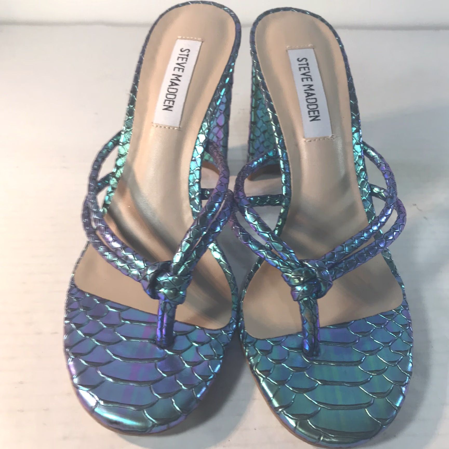 Steve Madden Steve Madden Unreal Iridescent Women's Leather Strappy Thong Heels Size 7B High Block Heel Summer Modern Going Out Size US 7 / IT 37 - 2 Thumbnail