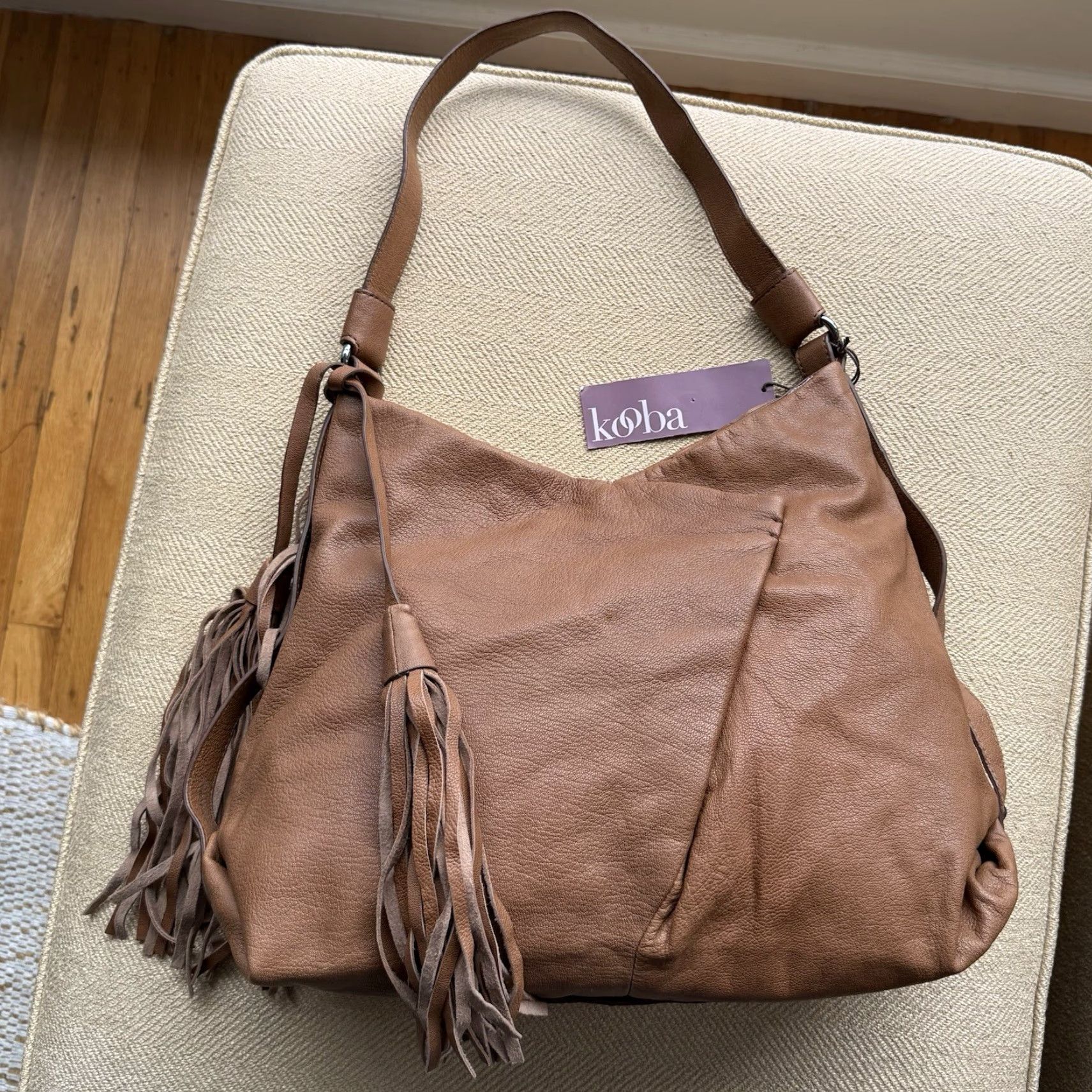 Vintage Kooba Seneca Hobo Leather Bag Tassels Tobacco Leather Gold Hardware Shoulder Bag Zip 12”x16.5”x5.25” Women/Adult Casual Business BoHo Size ONE SIZE - 3 Thumbnail