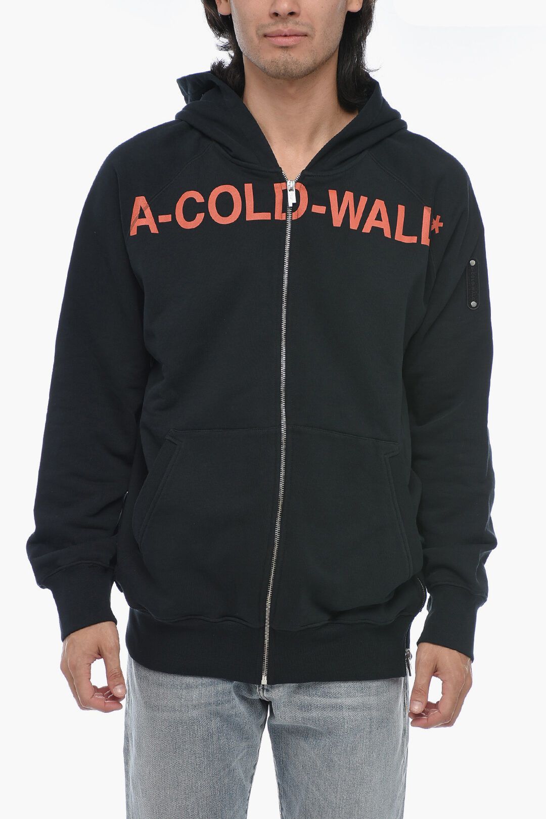 og1mm0824 Logo Print Brushed Cotton Zipped Hoodie in Black