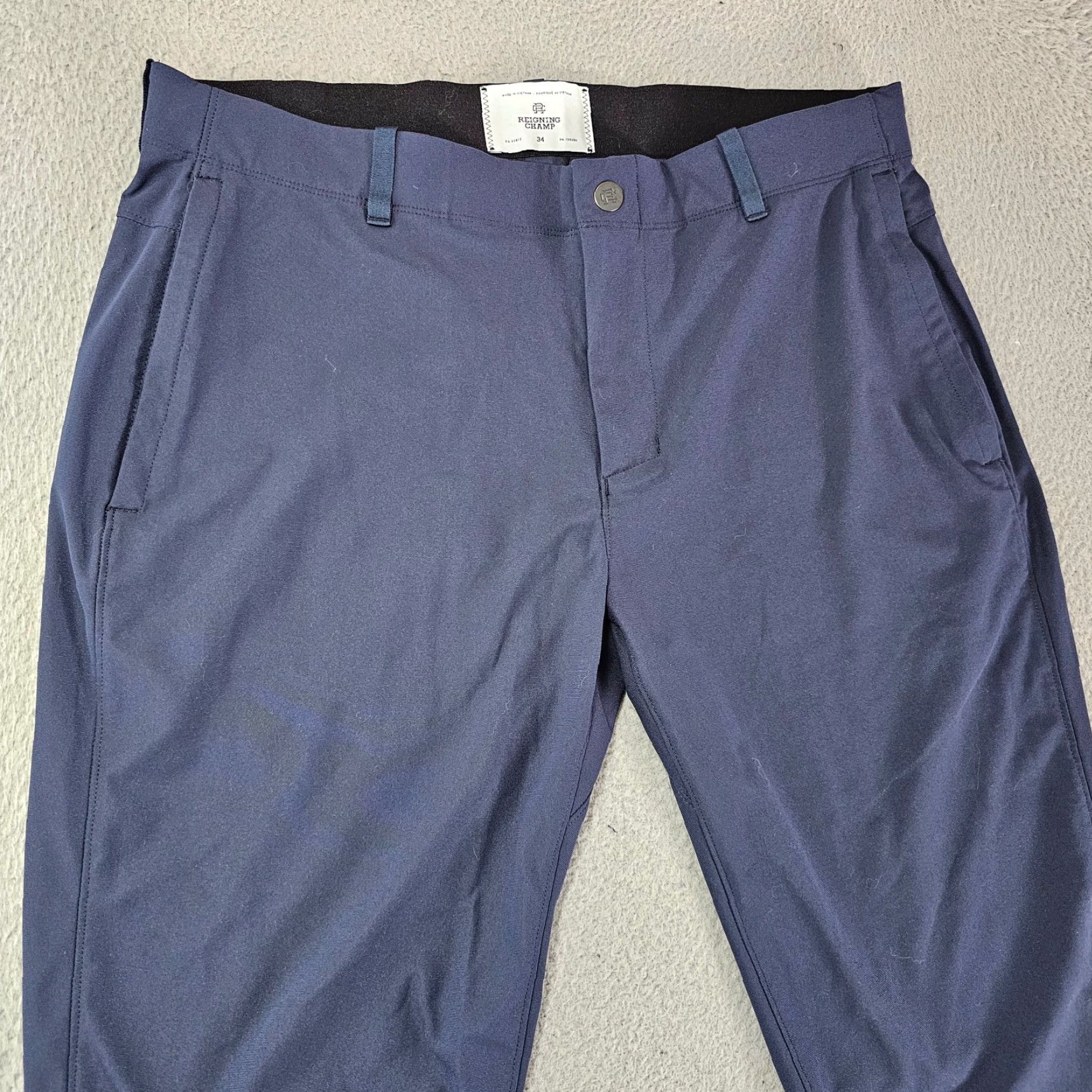 Reigning Champ Reigning Champ Coach's Navy Chino Pants Mens 34x30 Slim Tapered Casual Travel Workwear Utility Zip Pocket Button Front Logo Size US 34 / EU 50 - 2 Thumbnail