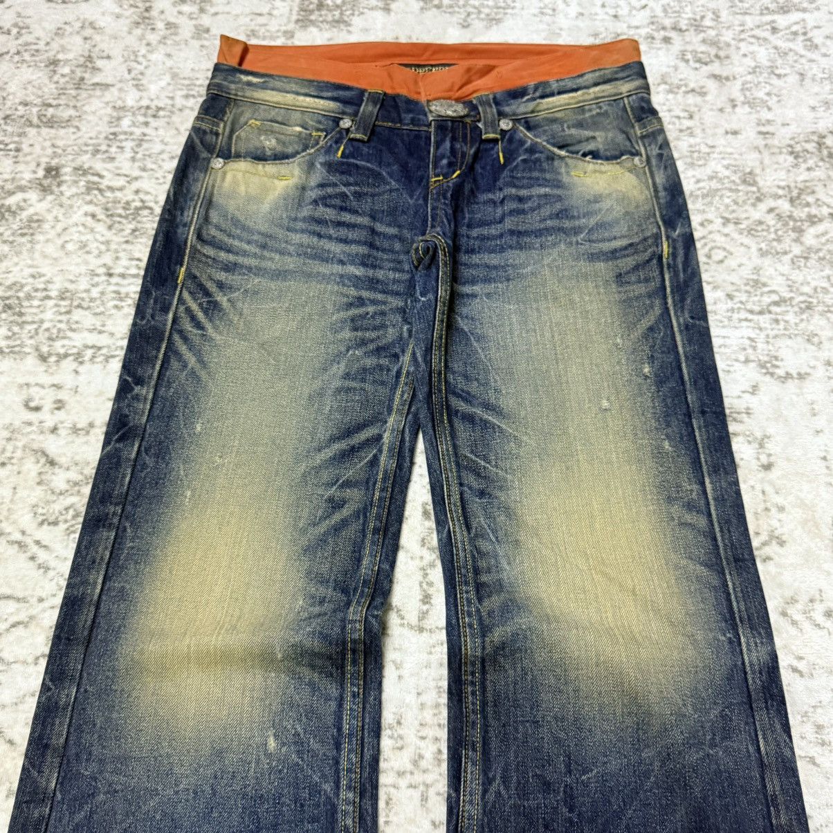 Japanese Brand 2000s Red Pepper Japan Embroidery Skull Flare Wide Leg Jeans Size 29" - 7 Thumbnail