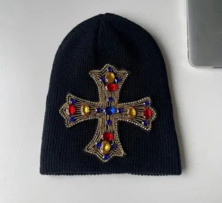 Japanese Brand Outdoor retro huge rhinestone cross knitted beanie hat Size ONE SIZE - 4 Thumbnail