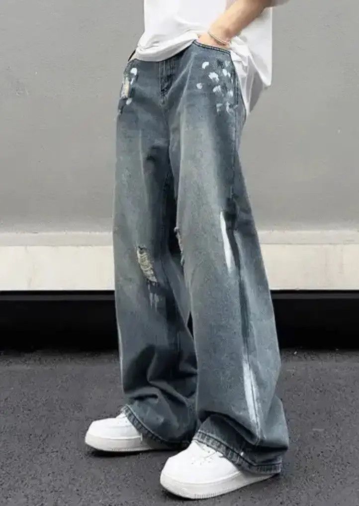 Japanese Brand Stylish Splash Ink Blue Distressed Baggy Jeans Size US 32 / EU 48 - 4 Thumbnail