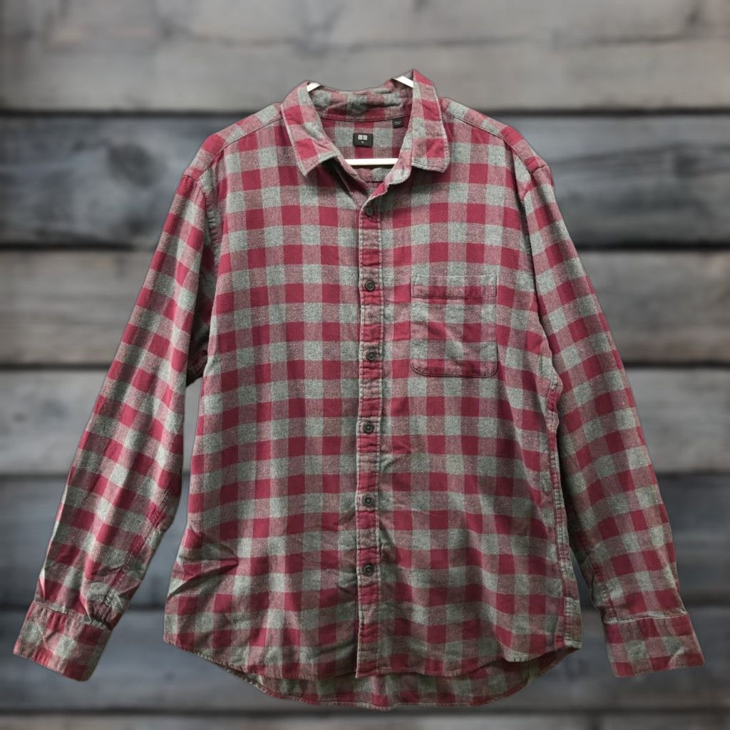 Uniqlo VINTAGE Uniqlo Flannel Shirt Mens XL Red Gray Plaid Cotton Overshirt Size US XL / EU 56 / 4 - 1 Thumbnail