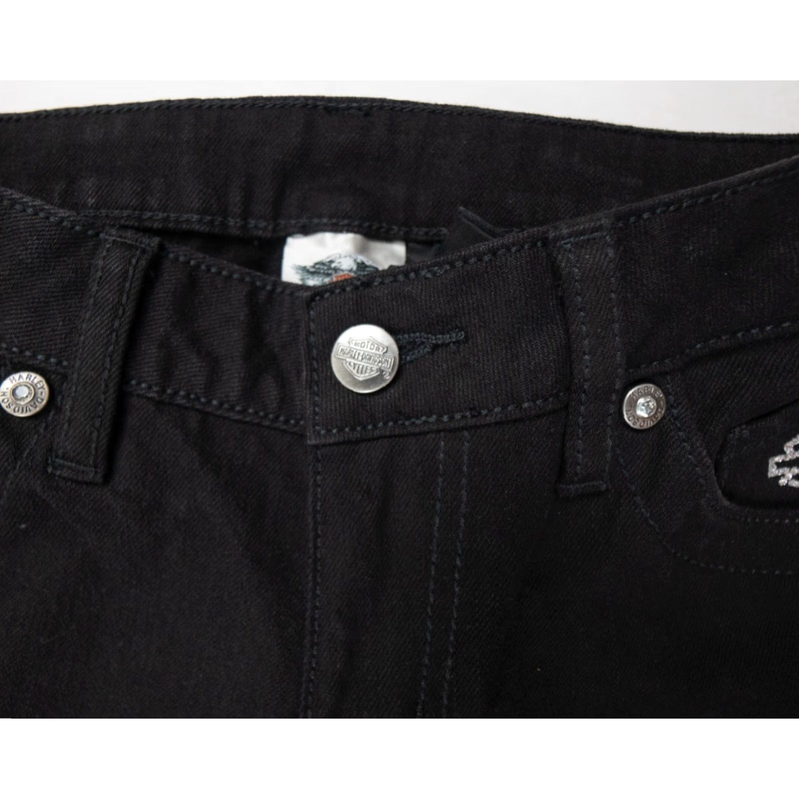 Harley Davidson VINTAGE Harley-Davidson Womens Jeans Flared Denim Pants 4 Black Motorcycle Embellished Stretch Size 27" / US 4 / IT 40 - 4 Thumbnail