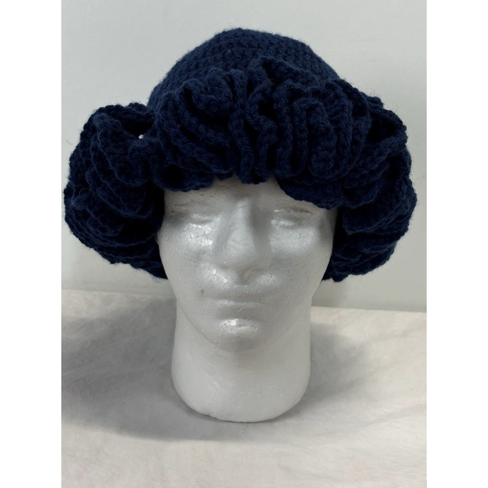 Vintage VINTAGE Handmade Crochet Bucket Hat Ruffle Brim Navy Blue One Size Floppy Funky Indie Women Boho Hippie Retro Casual Size ONE SIZE - 2 Thumbnail