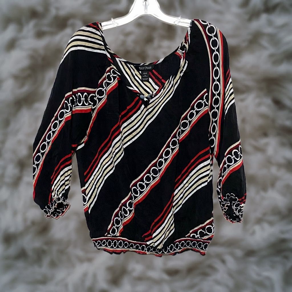 White House Black Market WHBM Silk Blouse Top L Silk Pullover Whimsigoth Peasant Black Red Geometric Ruffle Hem Career Workwear Formal Women L Size L / US 10 / IT 46 - 1 Thumbnail