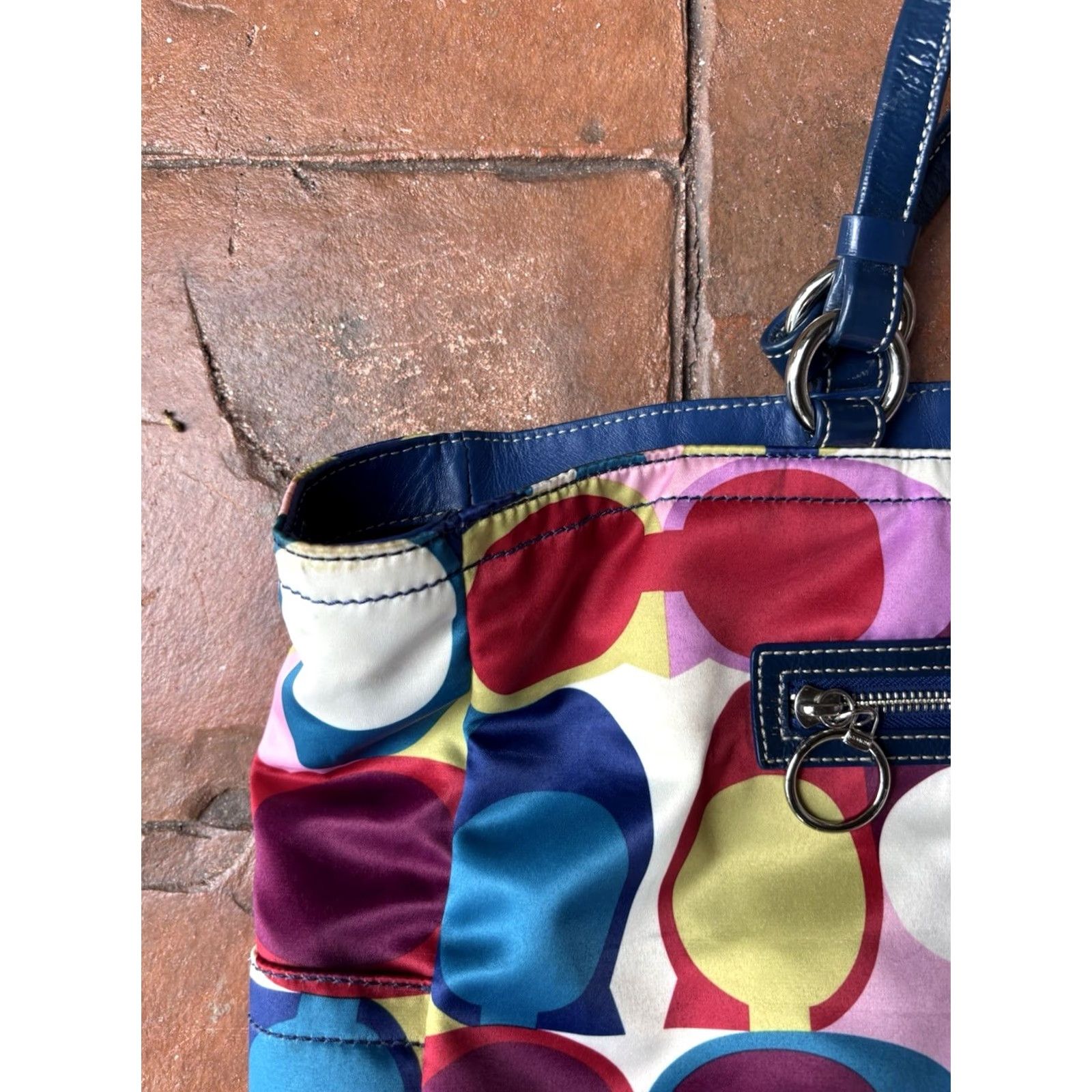 Coach Coach Poppy Signature Sateen Large Tote Shoulder Bag Scarf Print Bag Charm Multicolor Satin Leather Blue Handles Womens Shoulder Bag Medium Size ONE SIZE - 3 Thumbnail