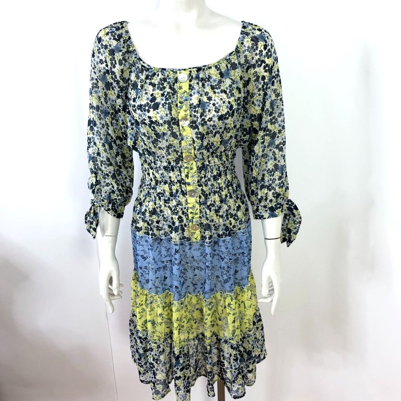 Vintage Figueroa & Flower MED Sheer Smock BOHO Above Knee Dress Floral Pattern Mini Shirt Sleeve 3/4 Polyester Women XS? (Cannot determine size) Size M / US 6-8 / IT 42-44 - 5 Thumbnail